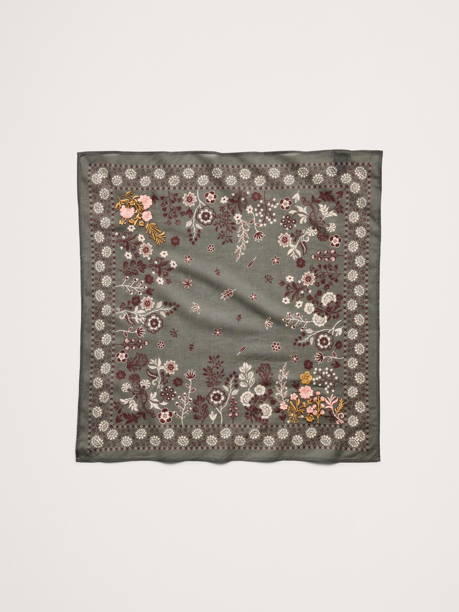 Embroidered Cotton Scarf by Vismaya - Dusty Olive Green