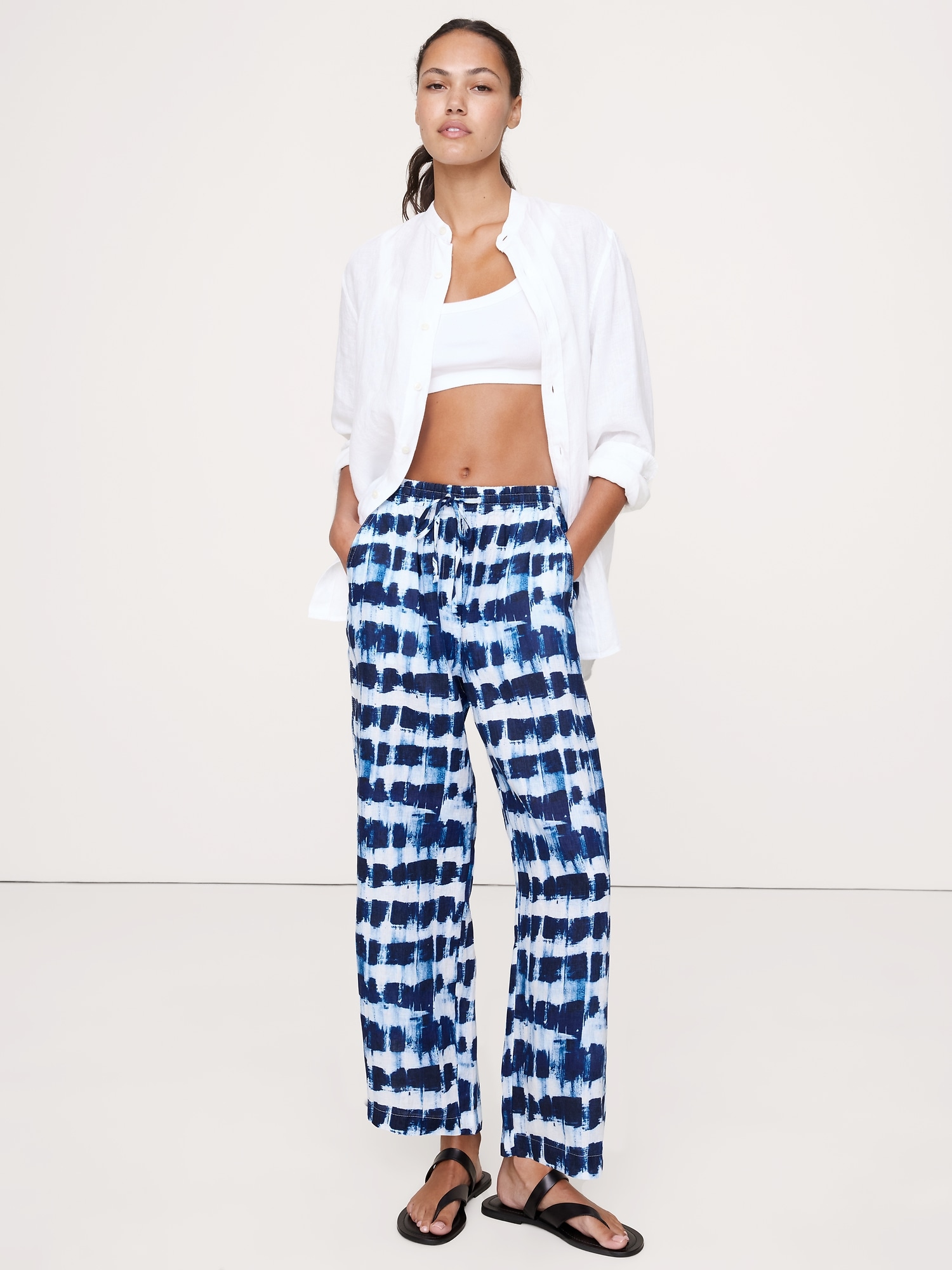 Linen Pull-On Ankle Pant - Blue