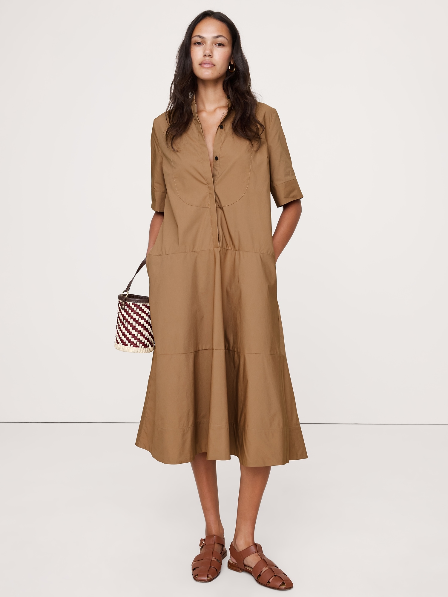 Image number 1 showing, Cotton Poplin Tuxedo-Front Midi Dress