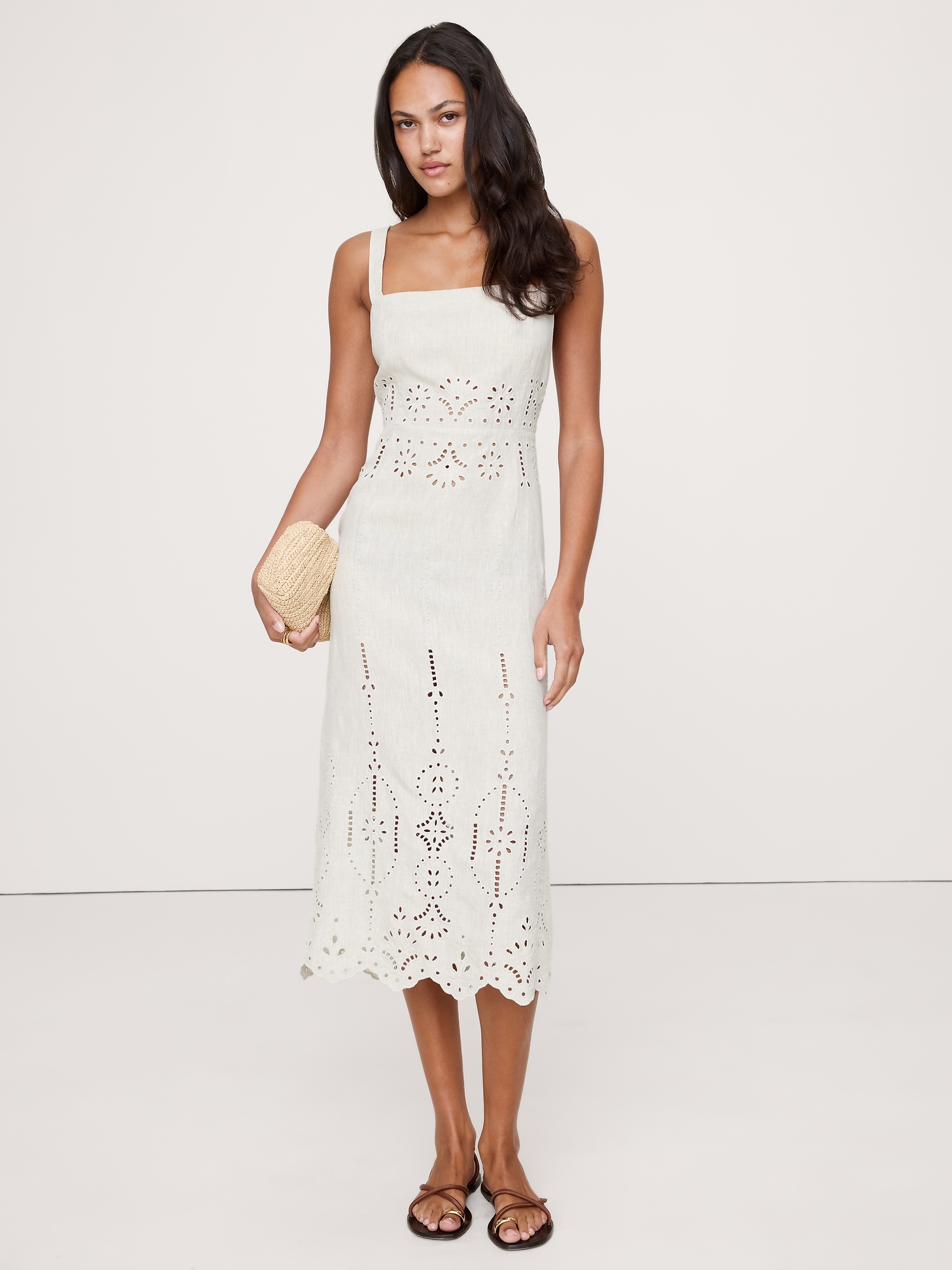 Eyelet Linen Midi Dress - Beige