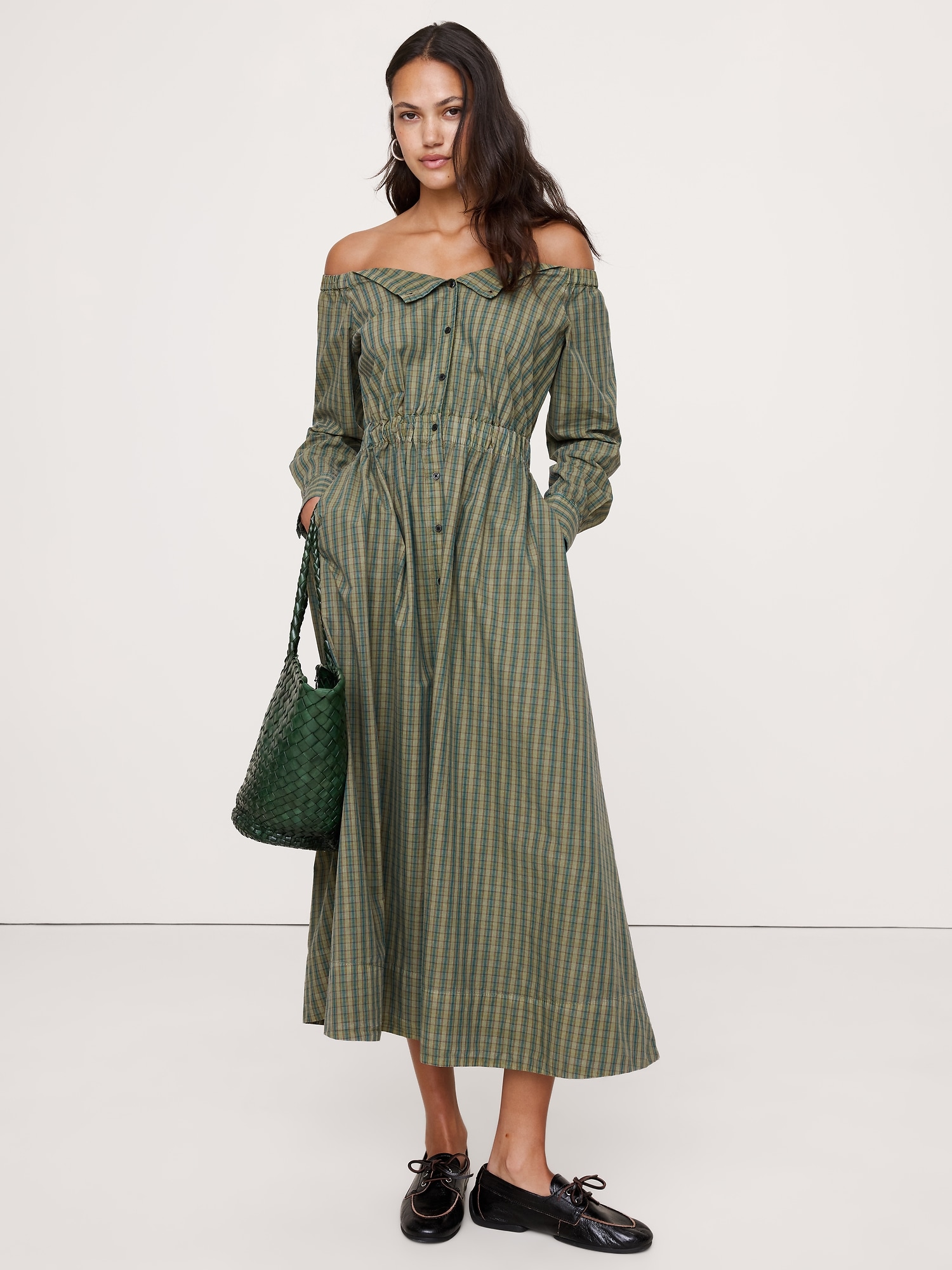 Image number 1 showing, Cotton Poplin Off-The-Shoulder Long Midi Shirt Dress