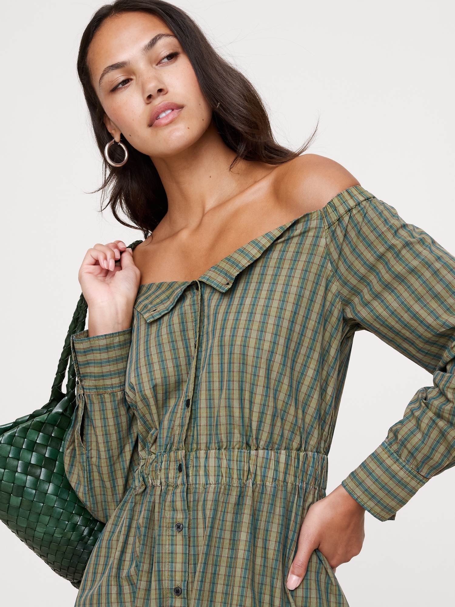 Image number 4 showing, Cotton Poplin Off-The-Shoulder Long Midi Shirt Dress
