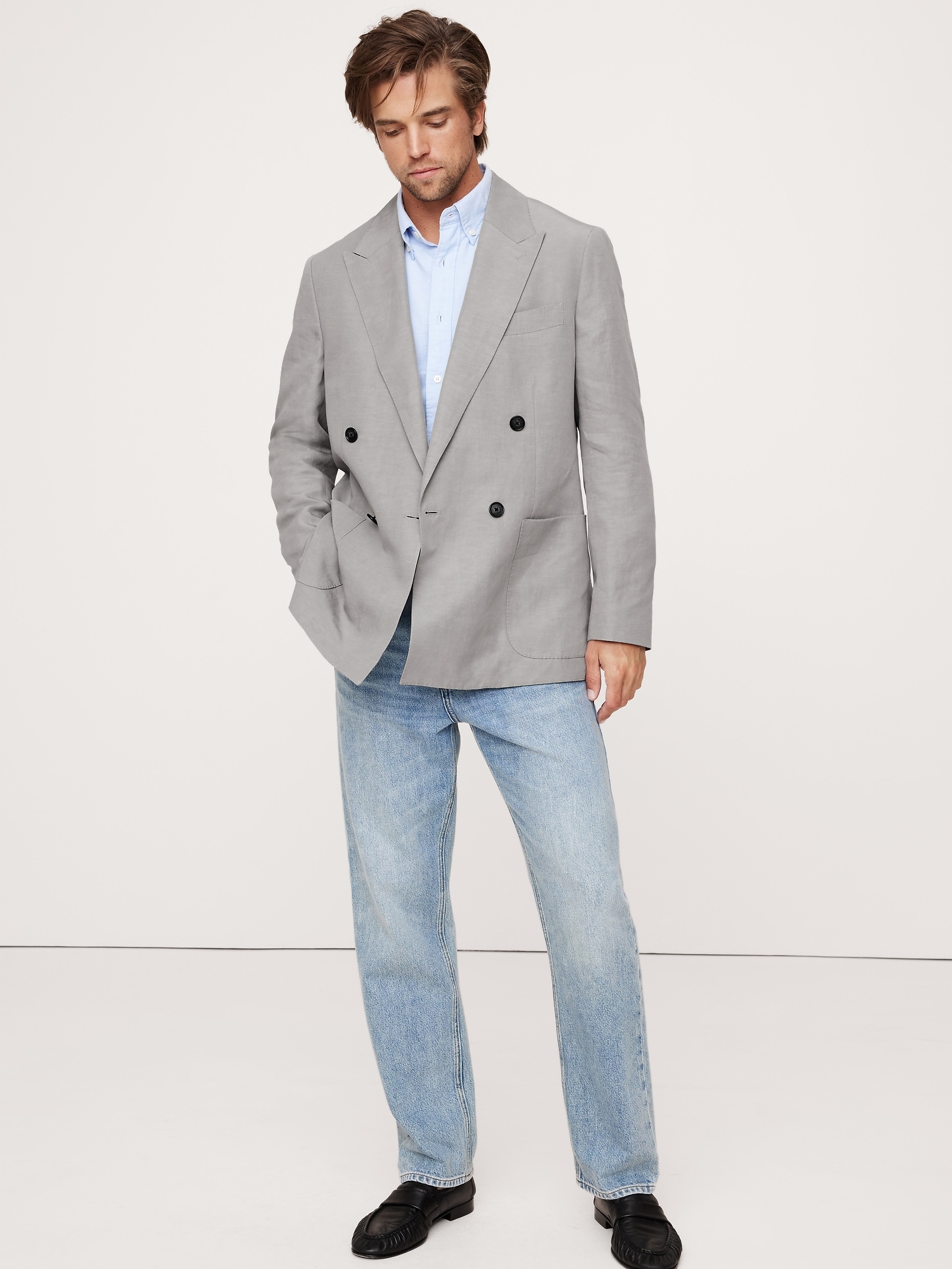 Relaxed Double-Breasted Tencel™-Linen Suit Jacket - Gray