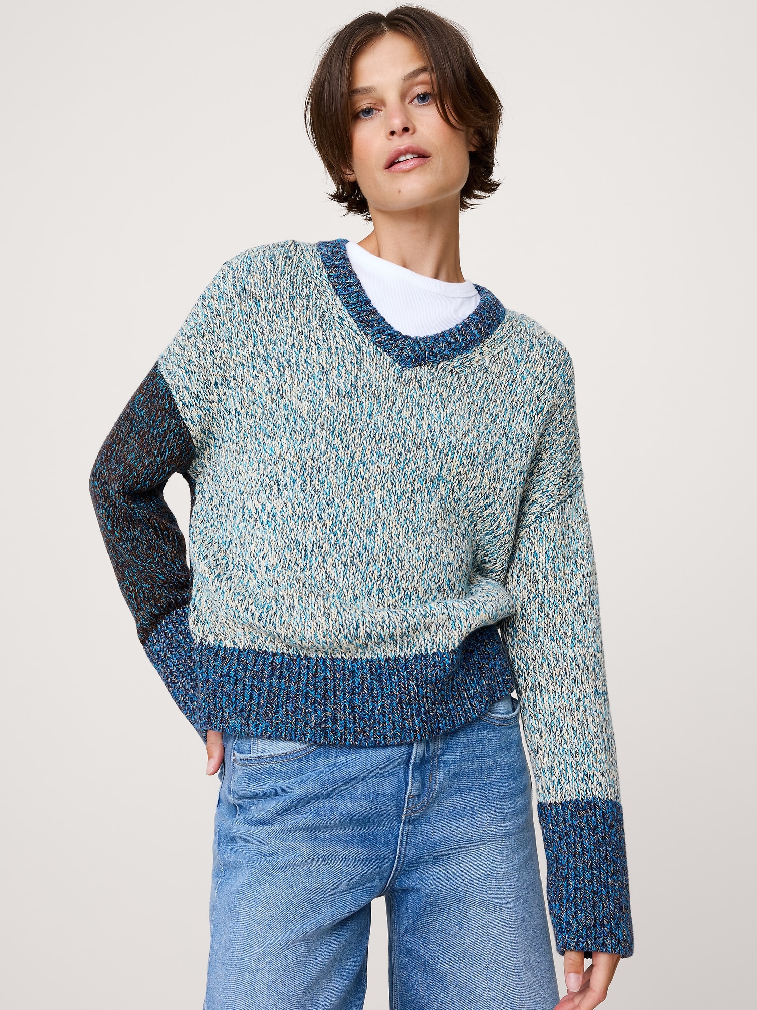 Cotton V-Neck Sweater - Blue Multi