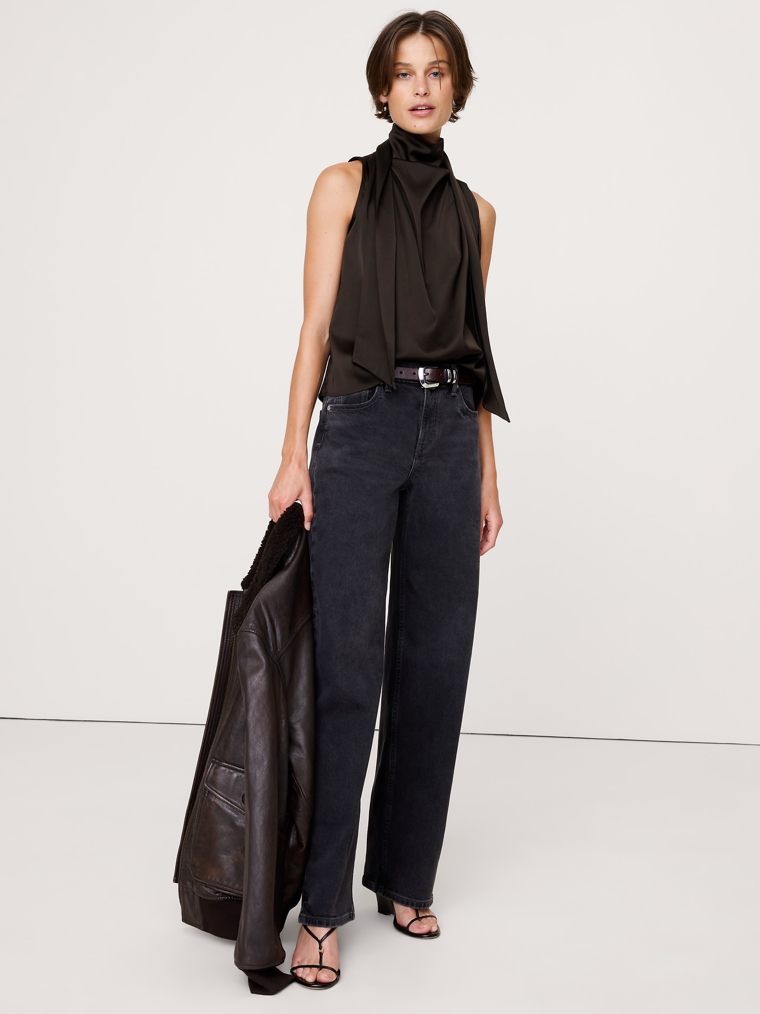 Stretch-Satin Tie-Neck Top