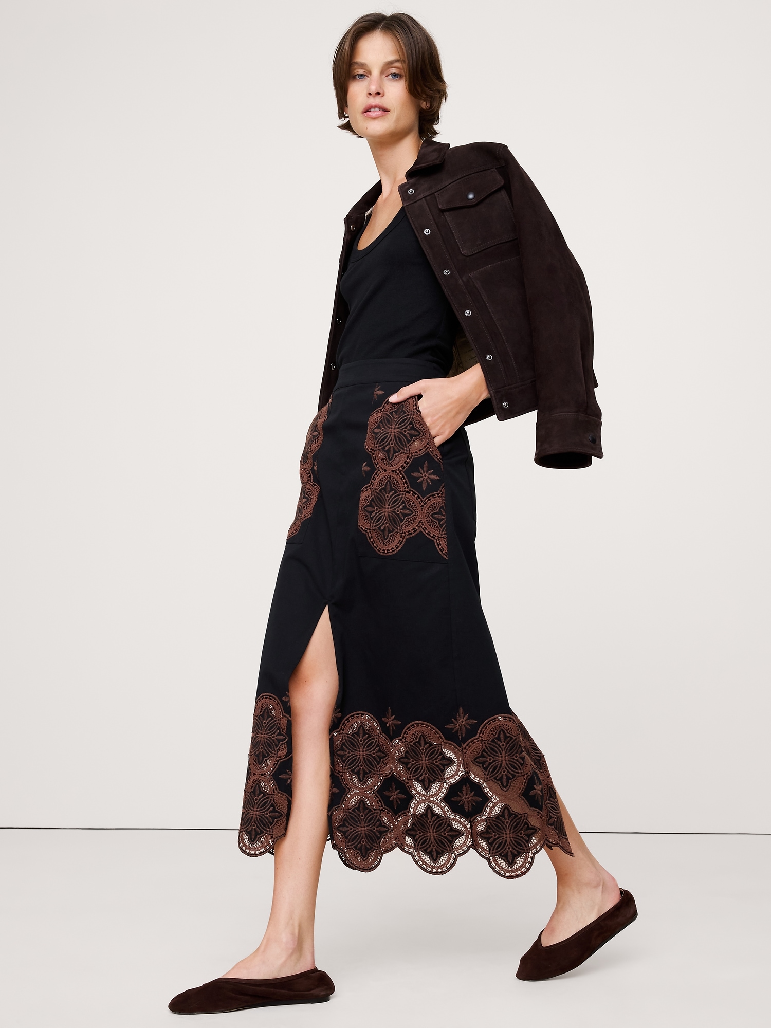 Image number 1 showing, Embroidered Corduroy Midi Skirt