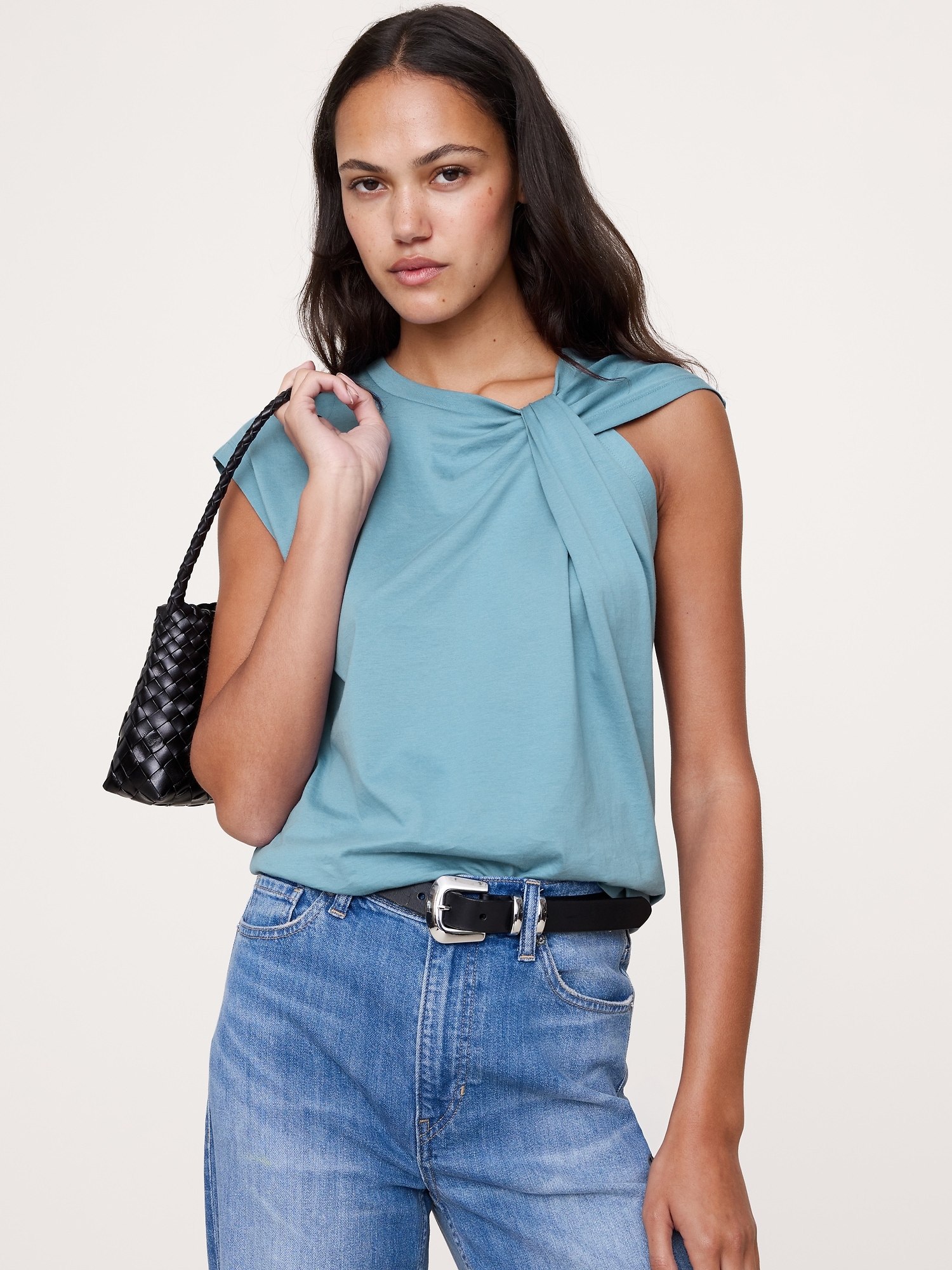Silky Cotton Twisted Tank - Blue