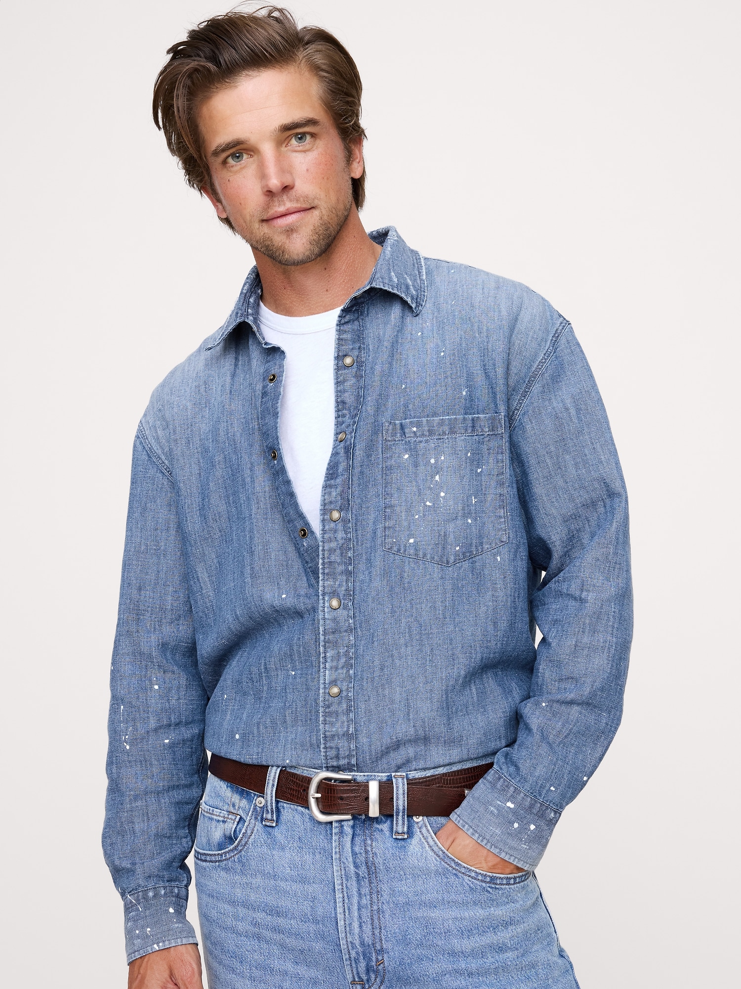 Image number 1 showing, Relaxed-Fit Paint Splatter Cotton-Hemp Chambray Shirt
