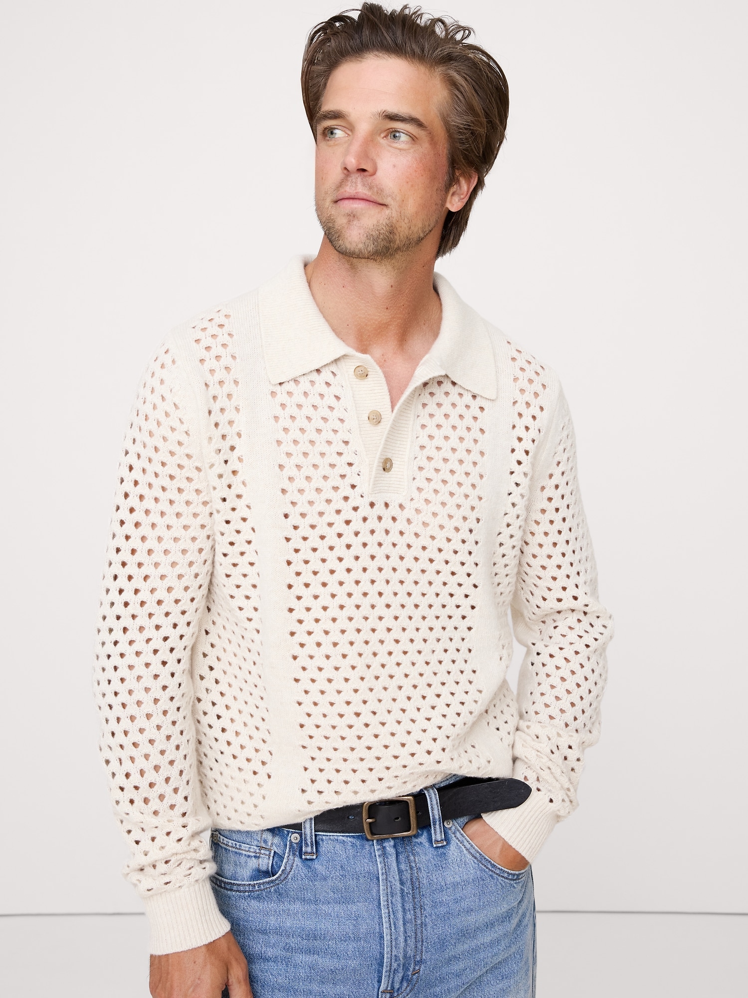 ITALIAN WOOL-BLEND MESH SWEATER POLO - Transition Cream White