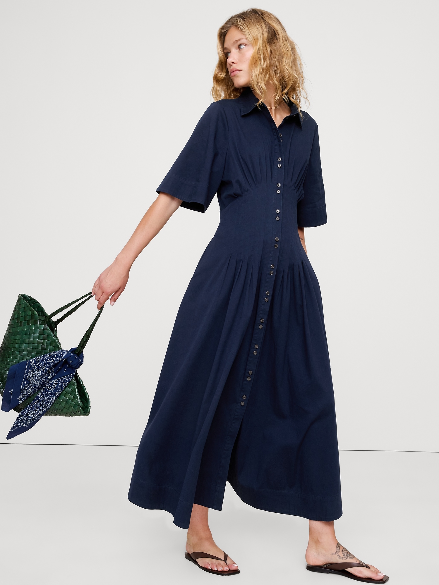 STRETCH-COTTON POPLIN PINTUCK LONG-MIDI SHIRT DRESS