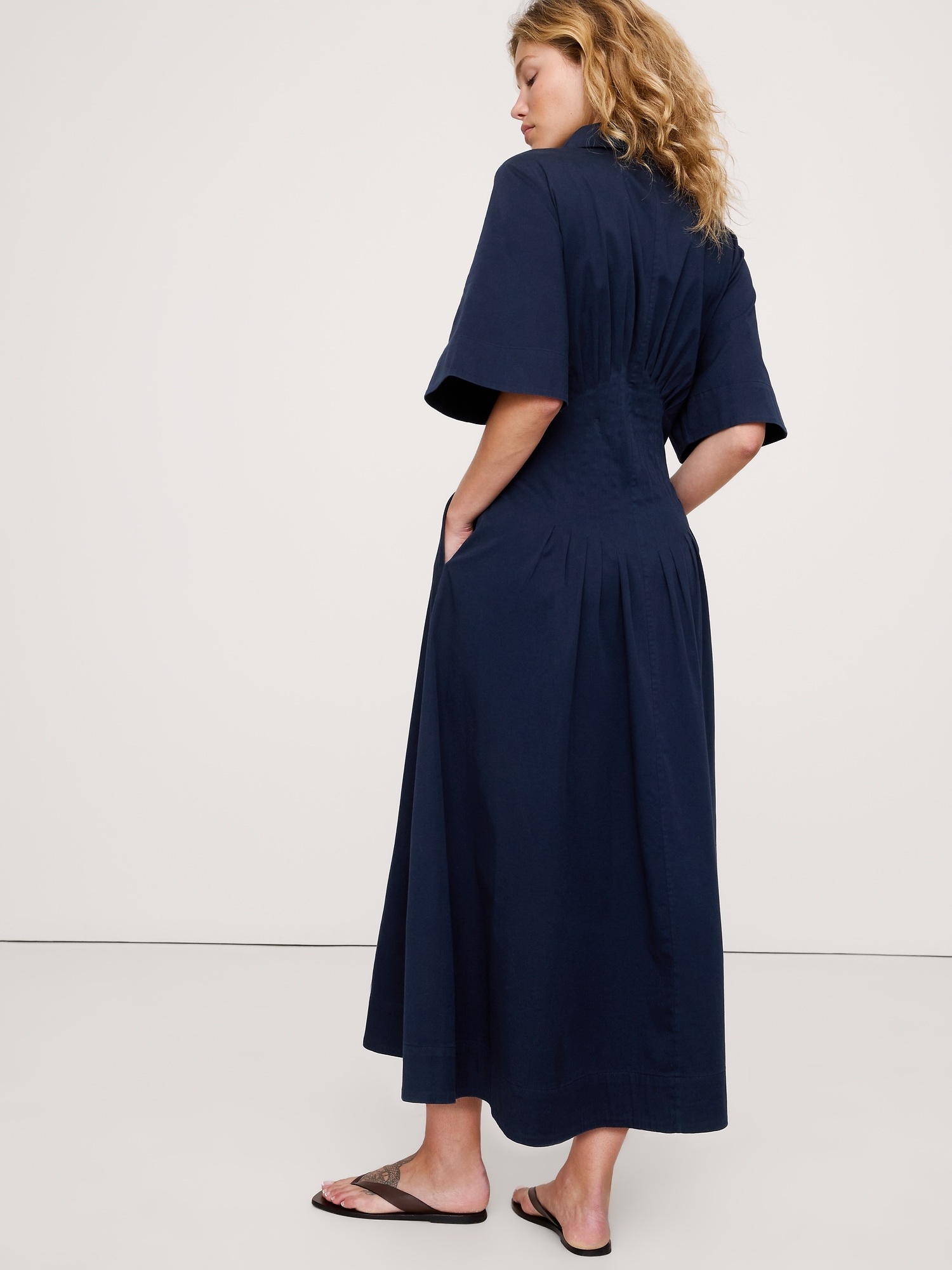 Image number 6 showing, STRETCH-COTTON POPLIN PINTUCK LONG-MIDI SHIRT DRESS