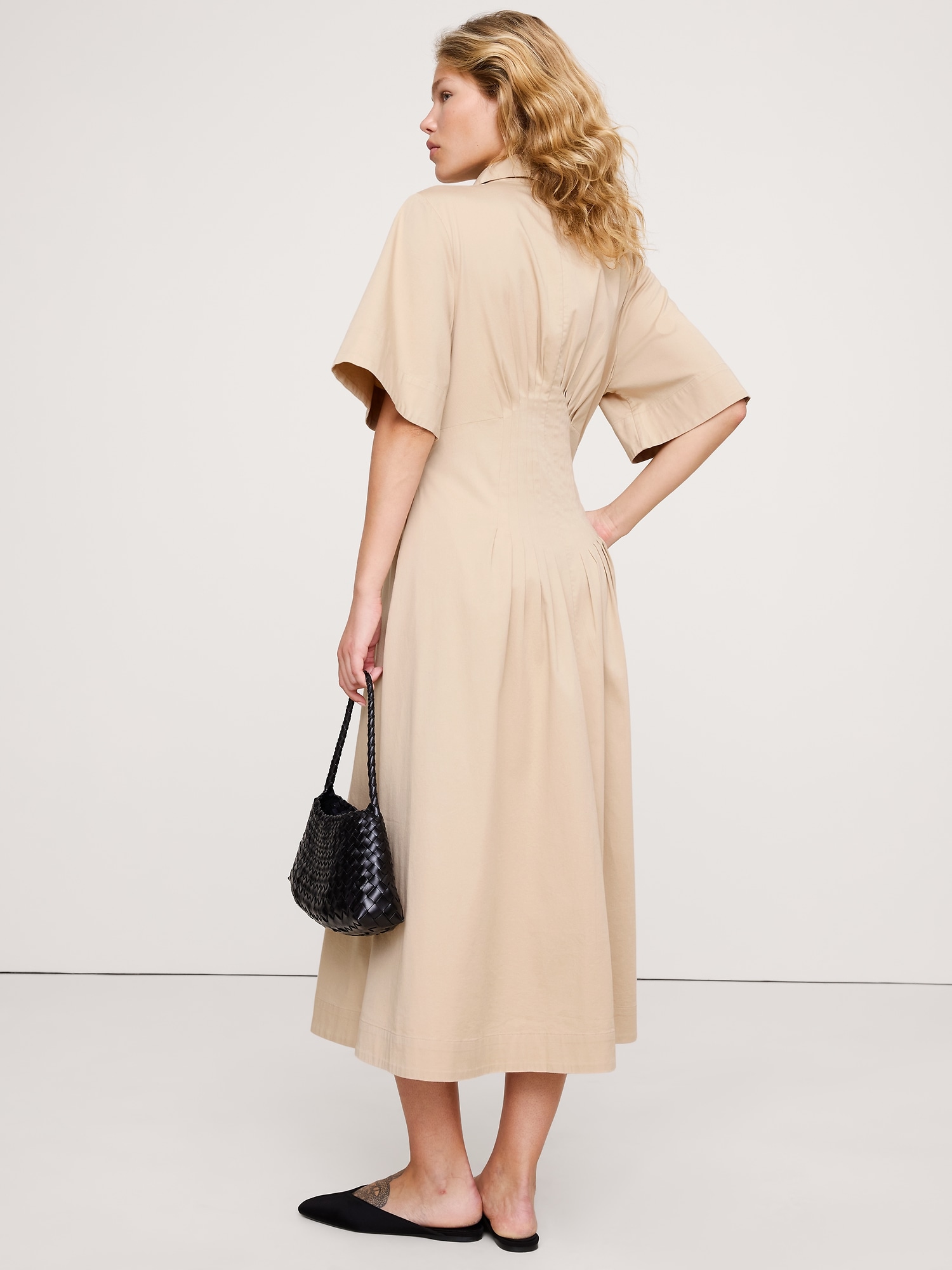 Image number 3 showing, STRETCH-COTTON POPLIN PINTUCK LONG-MIDI SHIRT DRESS