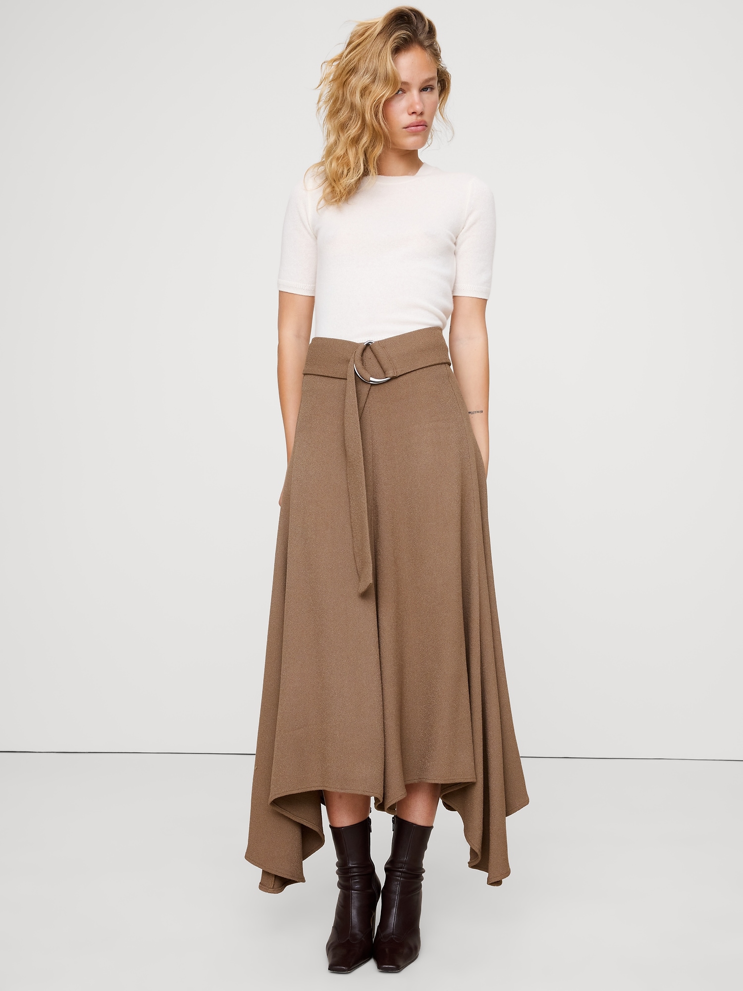 Image number 1 showing, Pebbled Crepe Handkerchief-Hem Long Midi Skirt