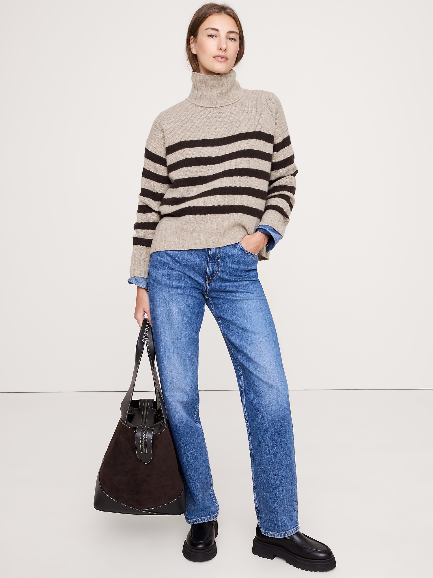 Oversized Cashmere Turtleneck Sweater - Mink & Ganache Brown Stripe