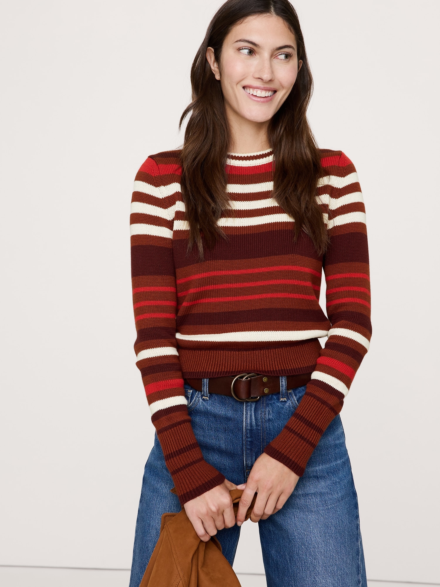 Shrunken Cotton-Silk Crew-Neck Sweater - Red Stripe