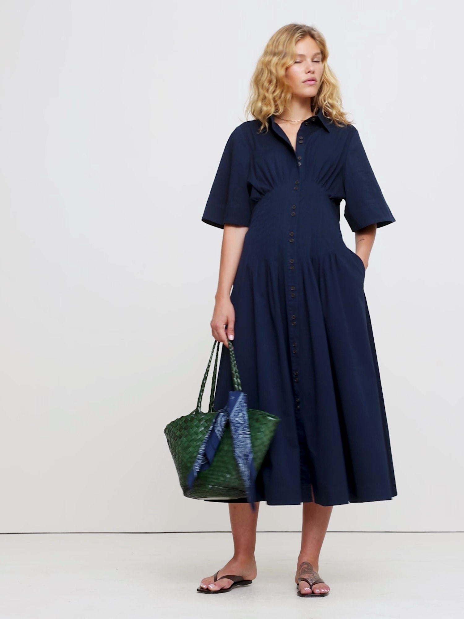 Image number 2 showing, STRETCH-COTTON POPLIN PINTUCK LONG-MIDI SHIRT DRESS