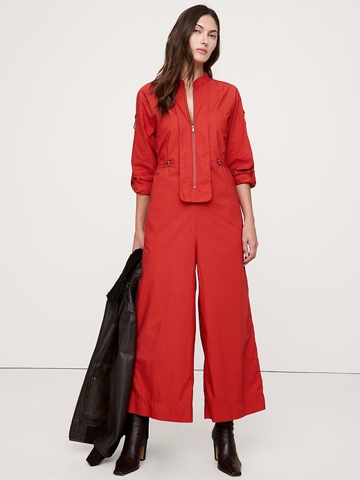 Cotton Poplin Zip Utility Cropped Jumpsuit