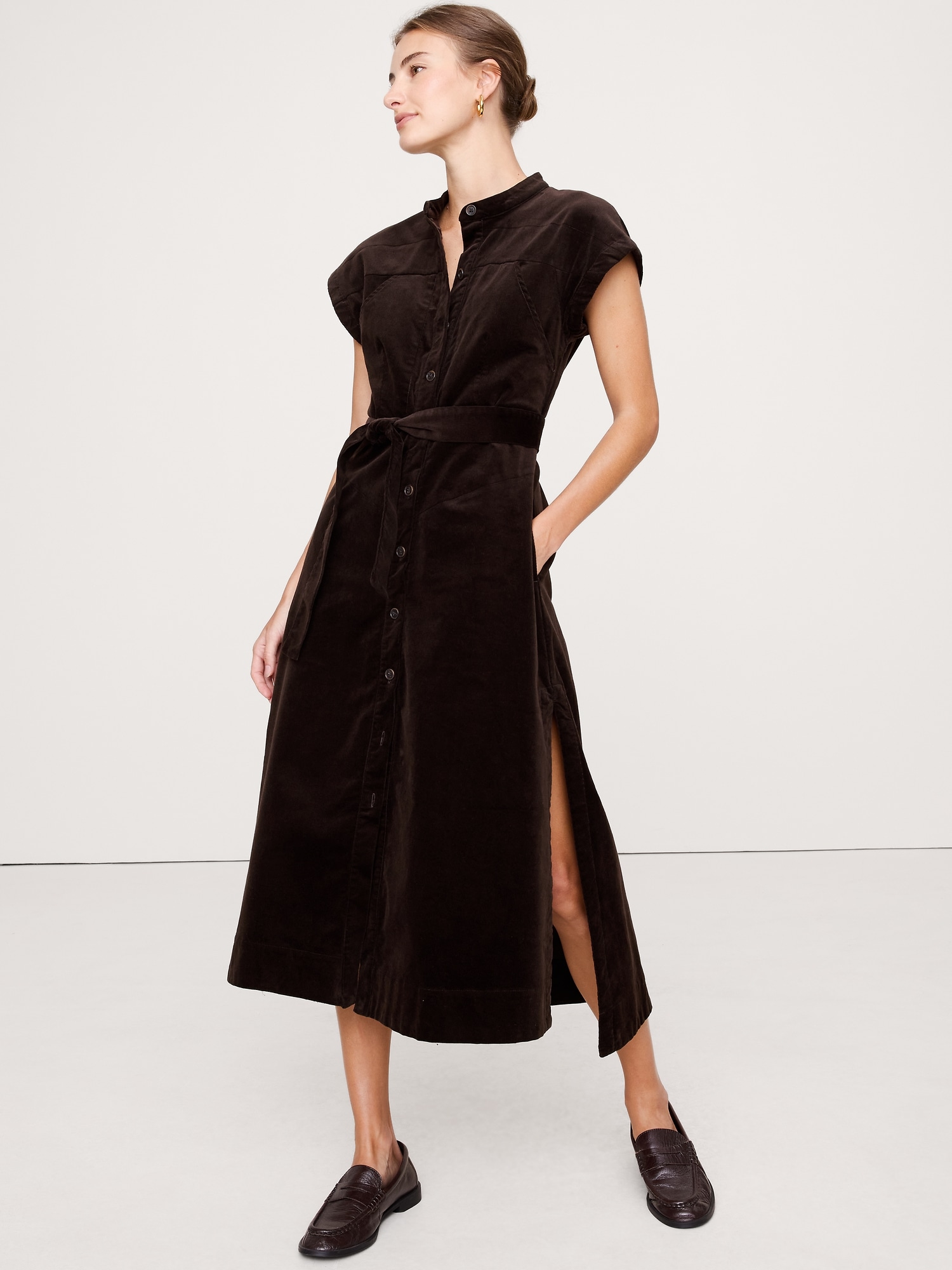 CORDUROY MIDI SHIRT DRESS - Ganache Brown