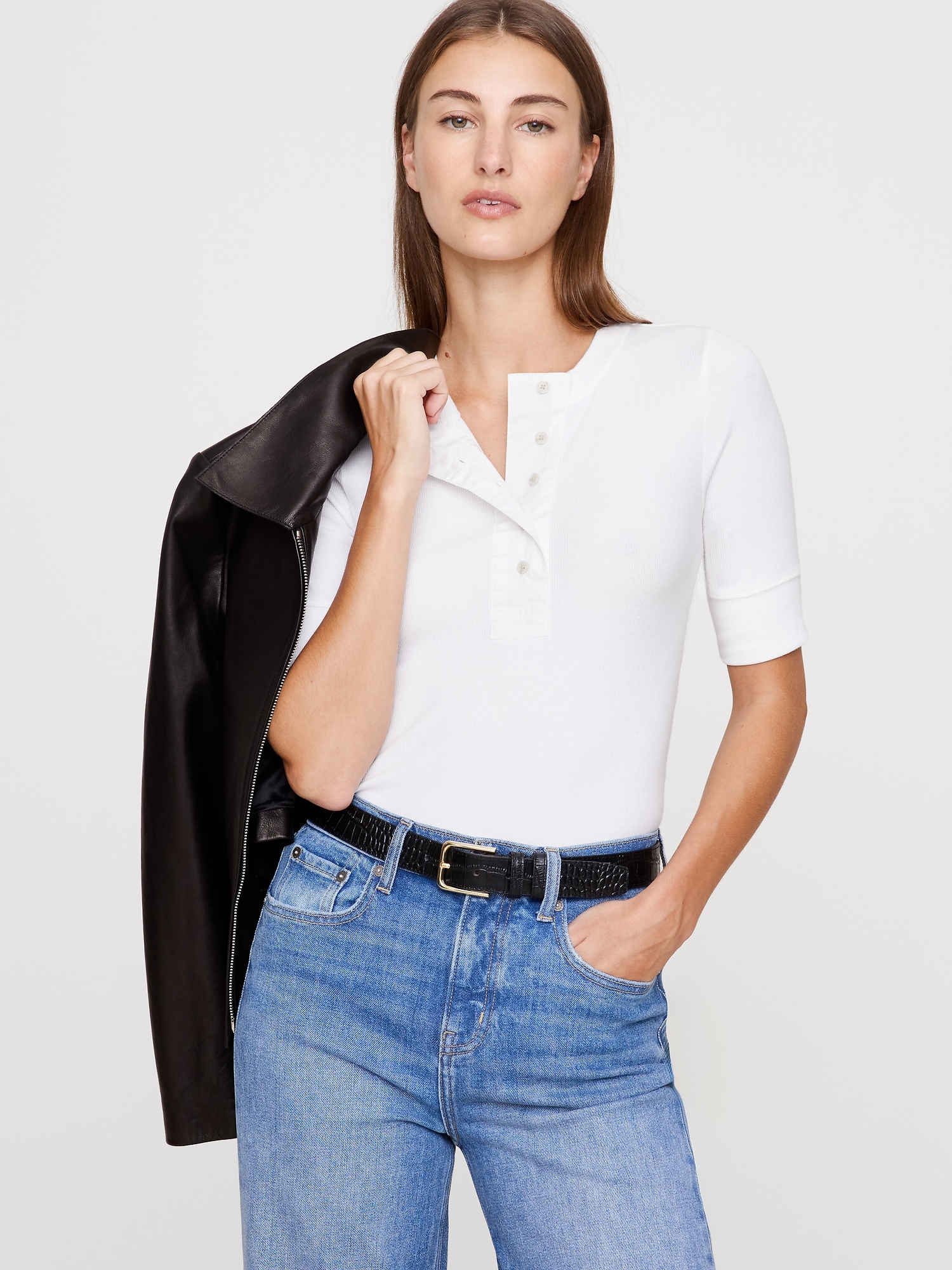 RIBBED HENLEY - White