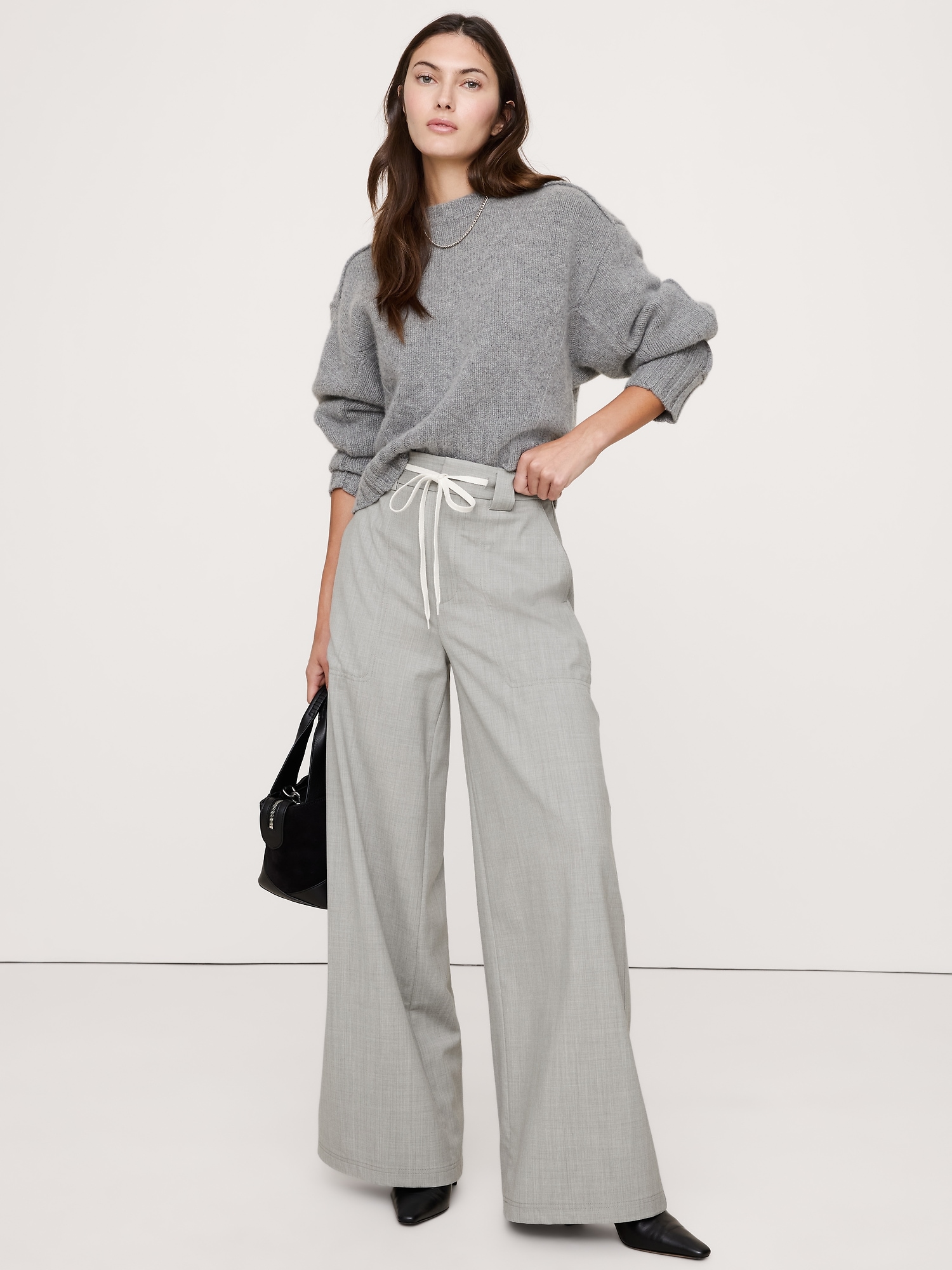 High-Rise Wide-Leg Italian Wool Pant - Light Gray