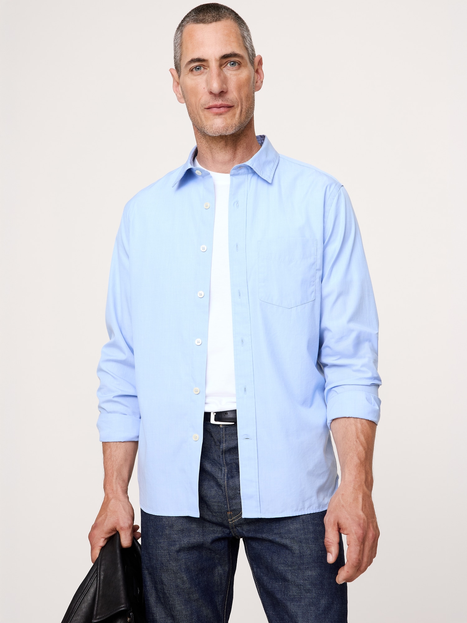 Standard-Fit Washed Cotton Poplin Shirt - Light Blue Heather