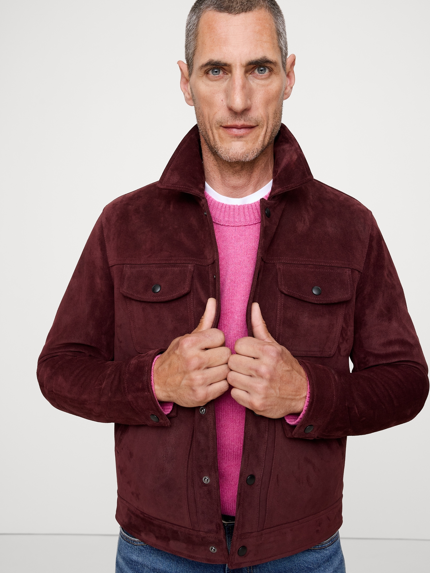 OILED SUEDE TRUCKER JACKET - Classic Burgundy Red