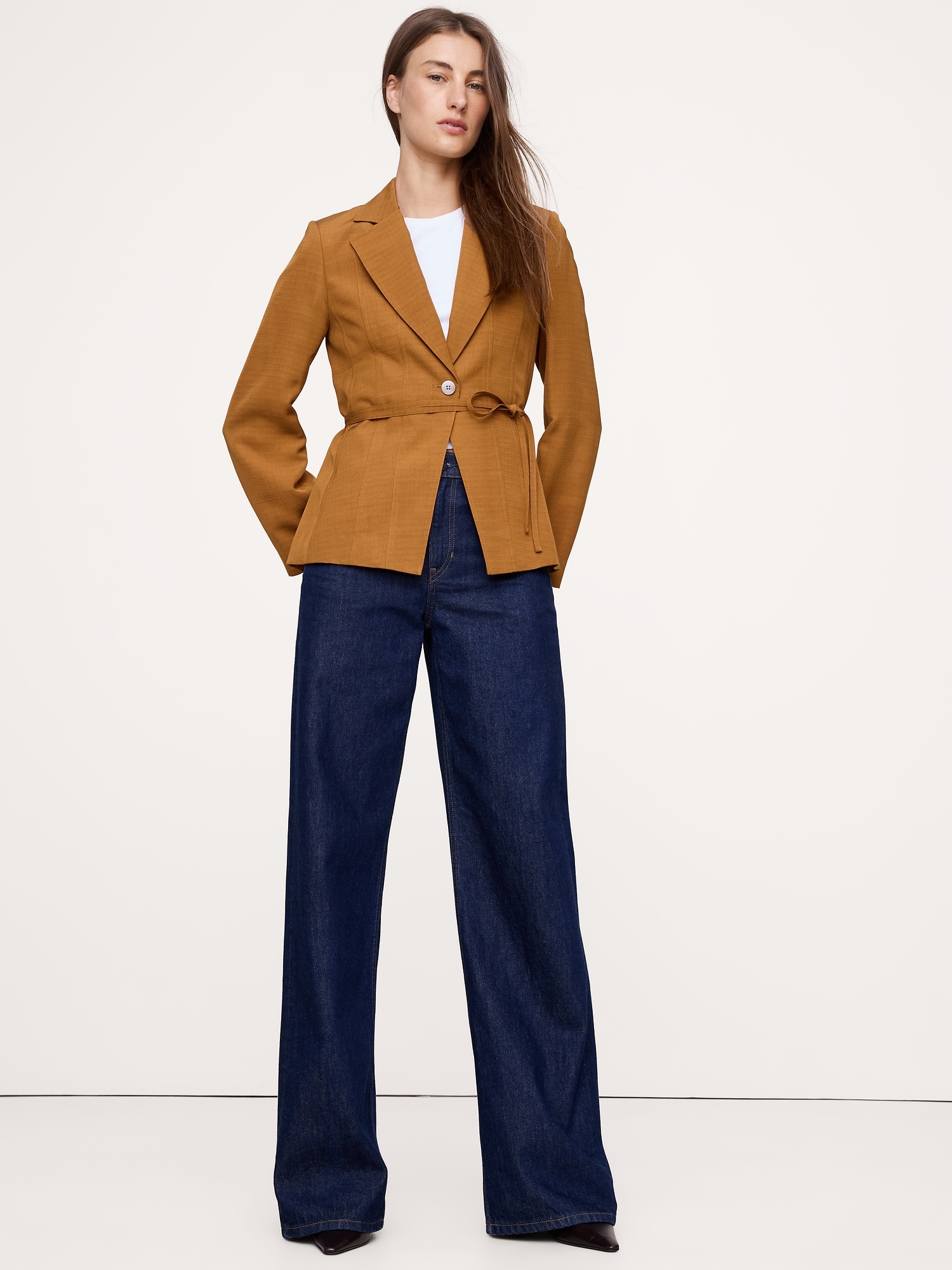 Seamed Belted Blazer - Golden Brown