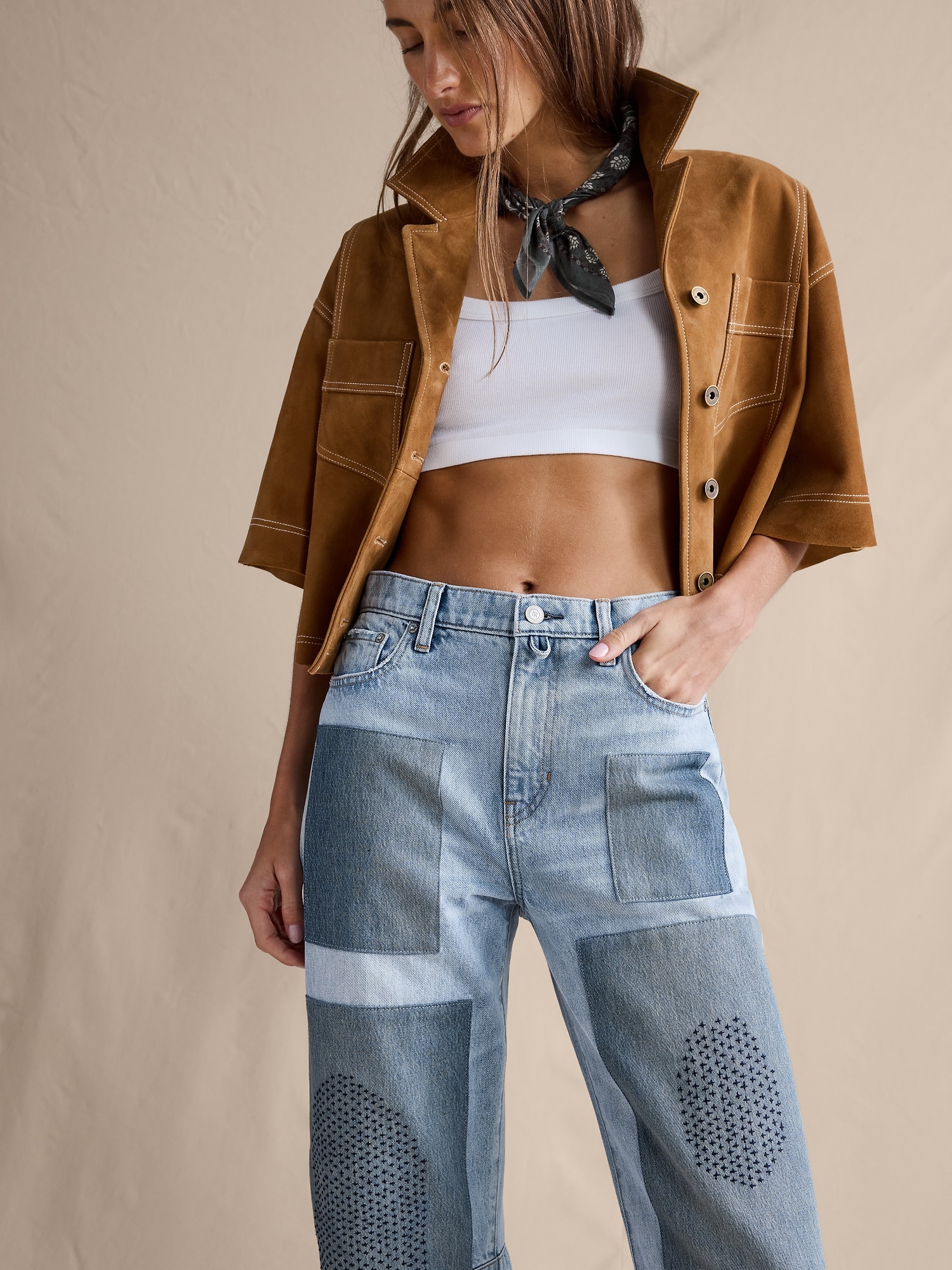 Image number 3 showing, MID-RISE BARREL PATCHWORK ANKLE JEAN