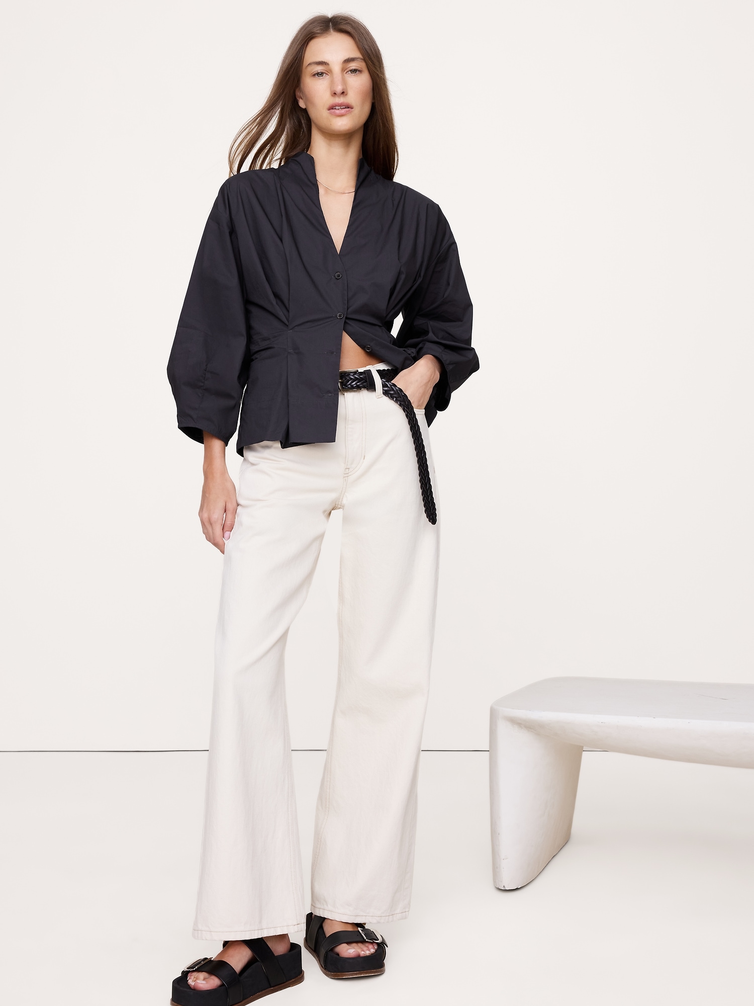 Cotton Poplin Cinched-Waist Shirt