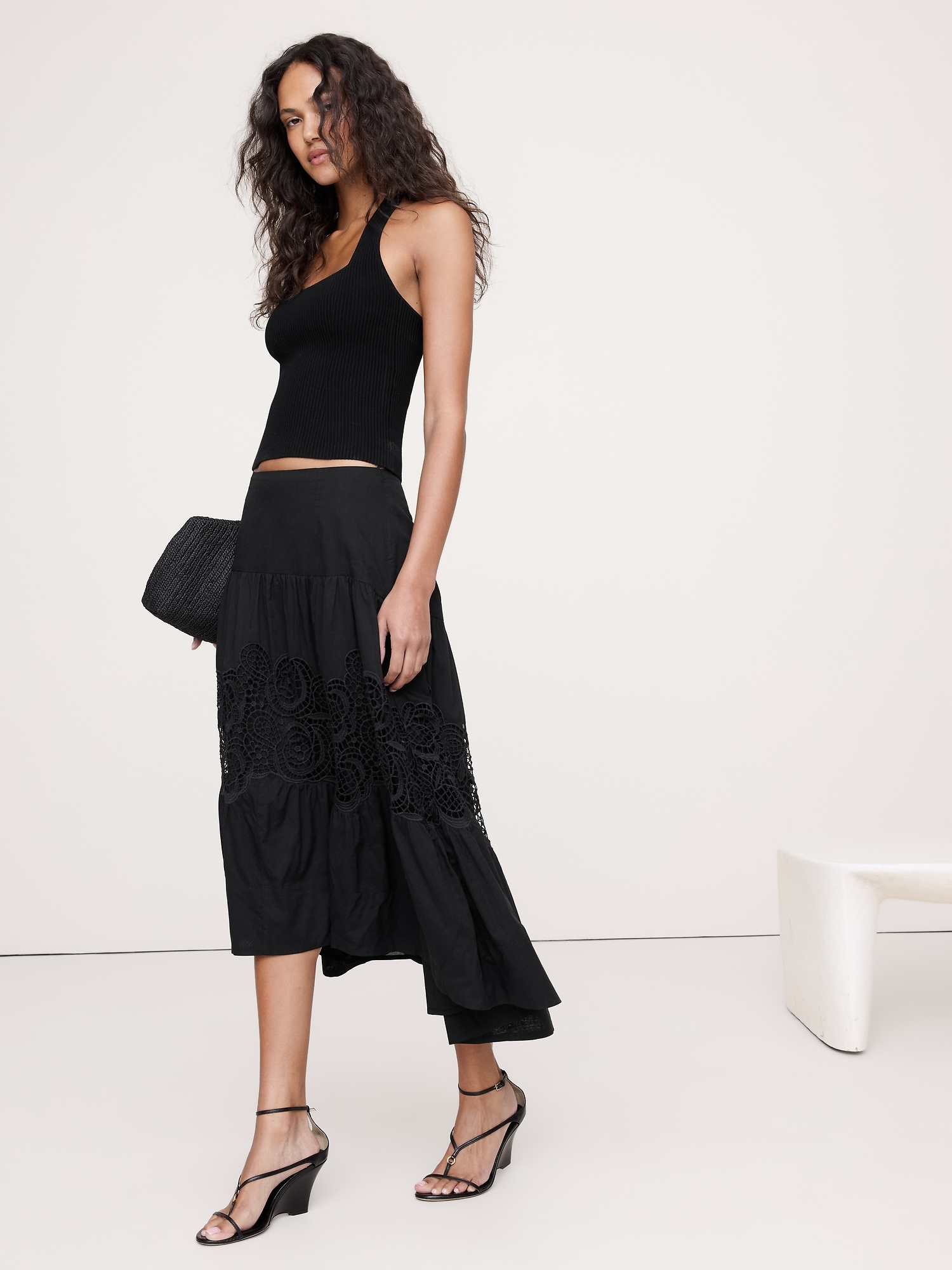 Image number 1 showing, COTTON & LACE DROP-WAIST TIERED SKIRT