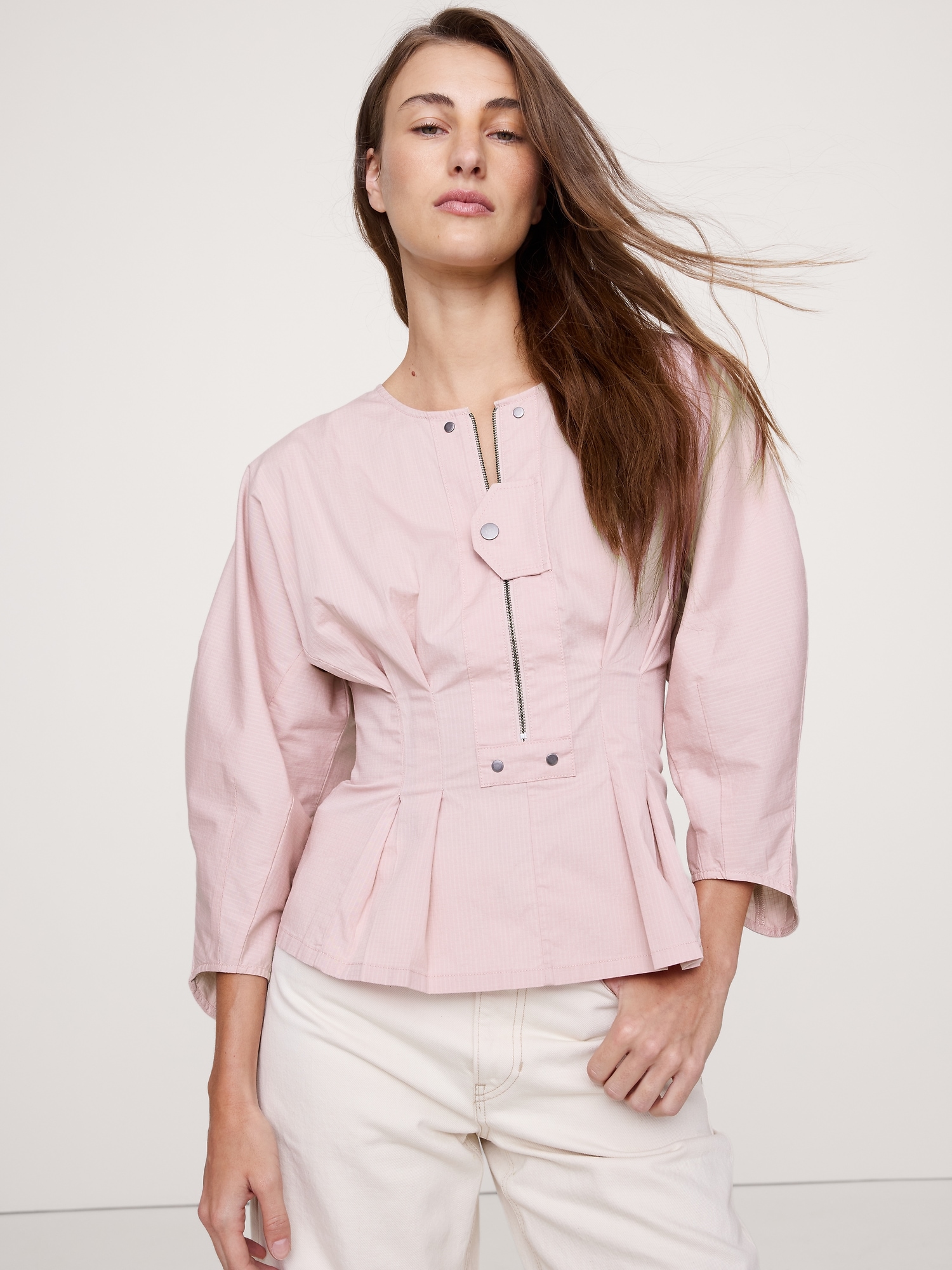 Image number 1 showing, STRETCH-COTTON UTILITY PEPLUM TOP