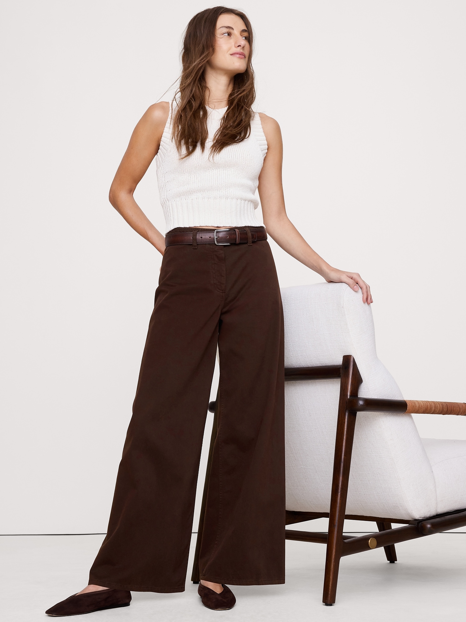 Image number 1 showing, HIGH-RISE WIDE-LEG STRETCH-COTTON TWILL PANT