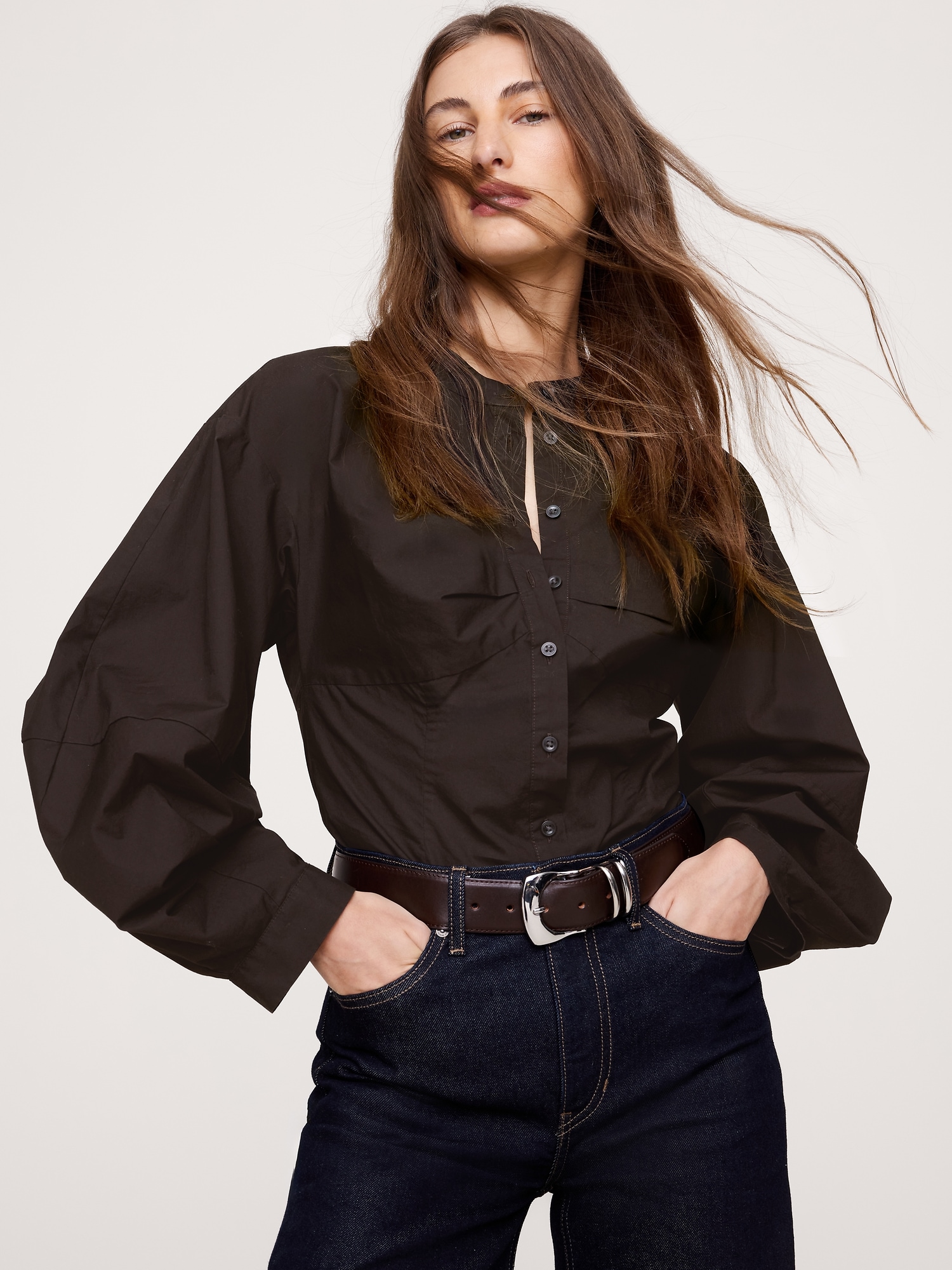 Image number 1 showing, COTTON POPLIN BALLOON-SLEEVE SHIRT