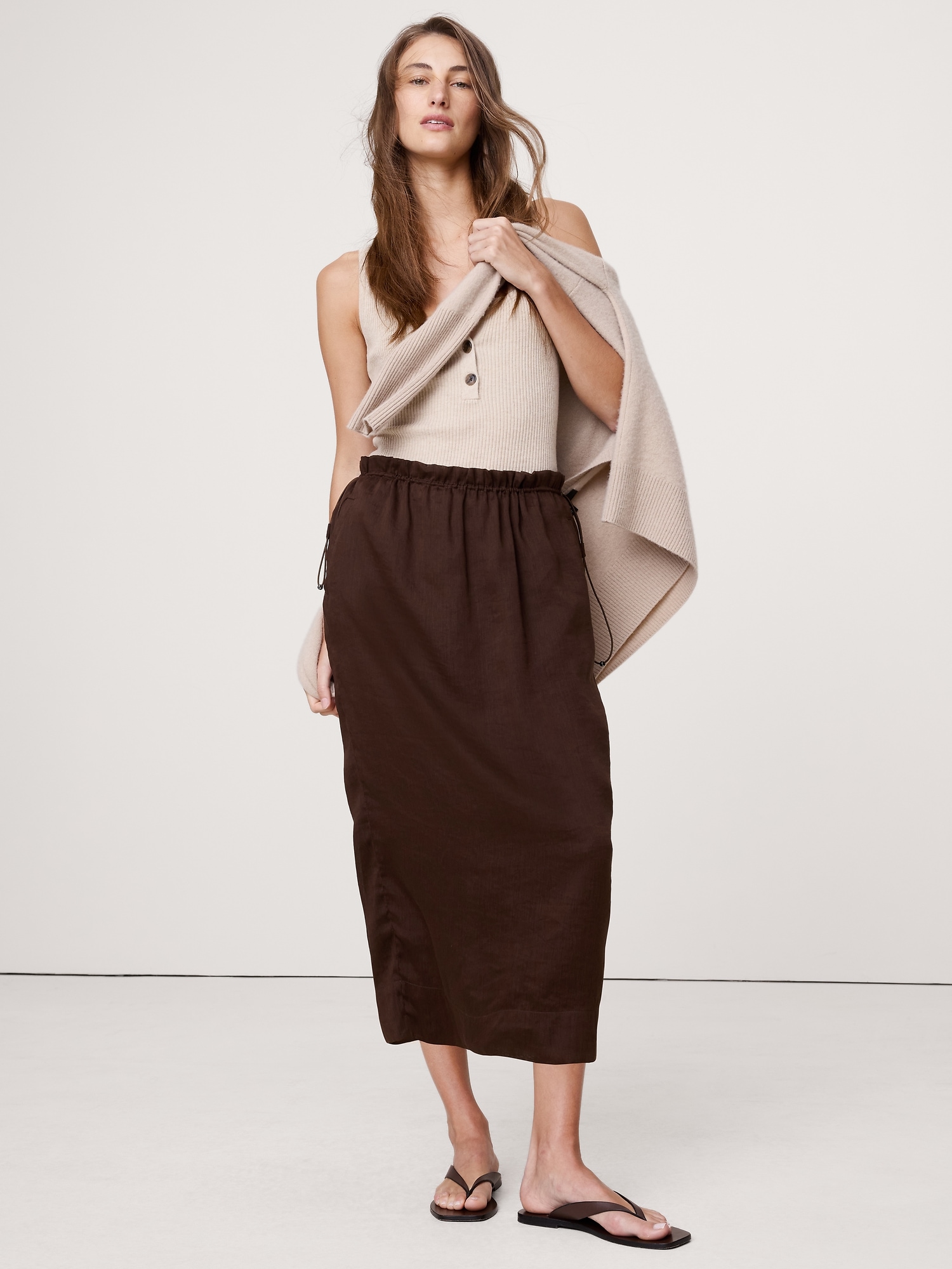 Image number 1 showing, LINEN-VISCOSE GAUZE MIDI SKIRT