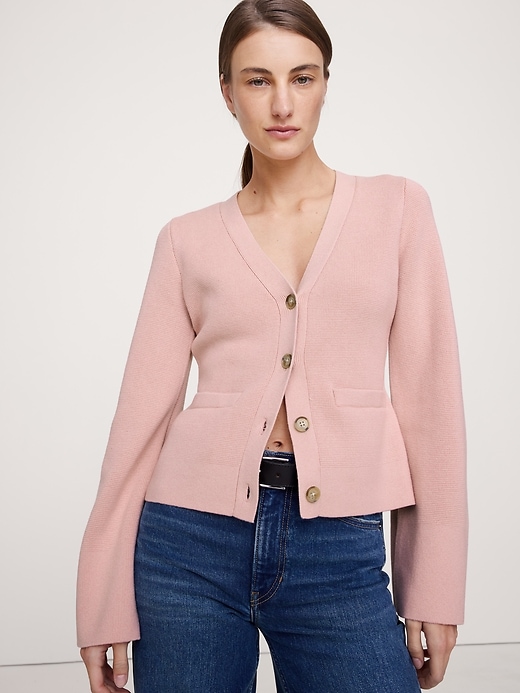 Cotton-Silk Flare-Sleeve Cardigan