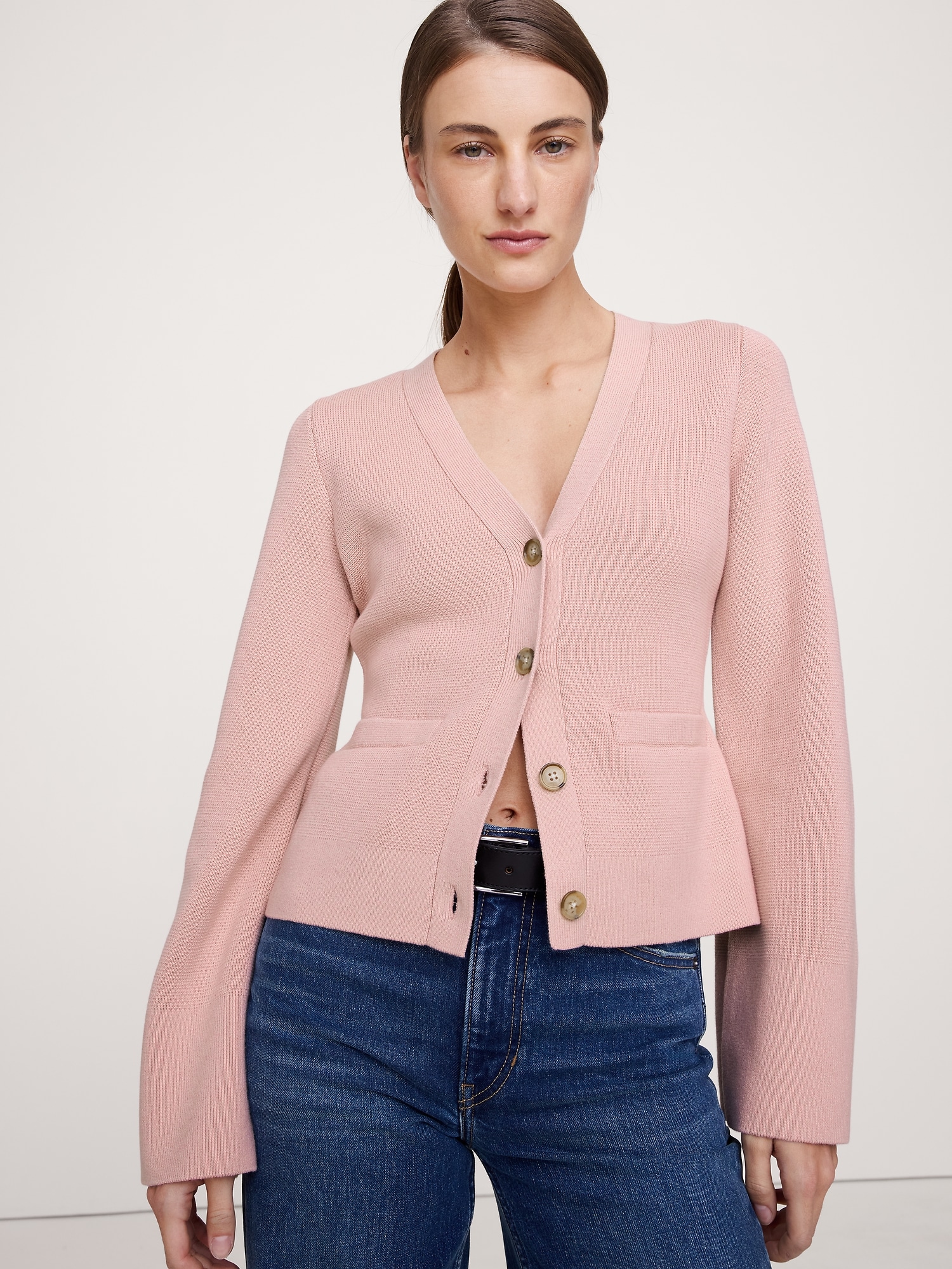 Cotton-Silk Flare-Sleeve Cardigan - Dusty Rose Pink