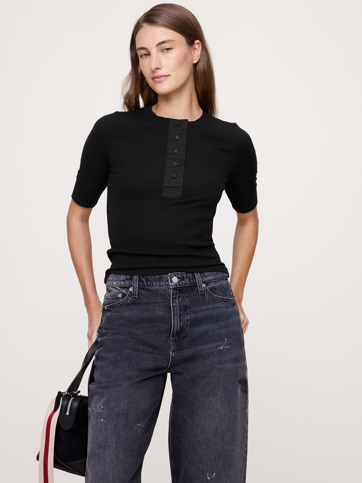 RIBBED HENLEY - Black