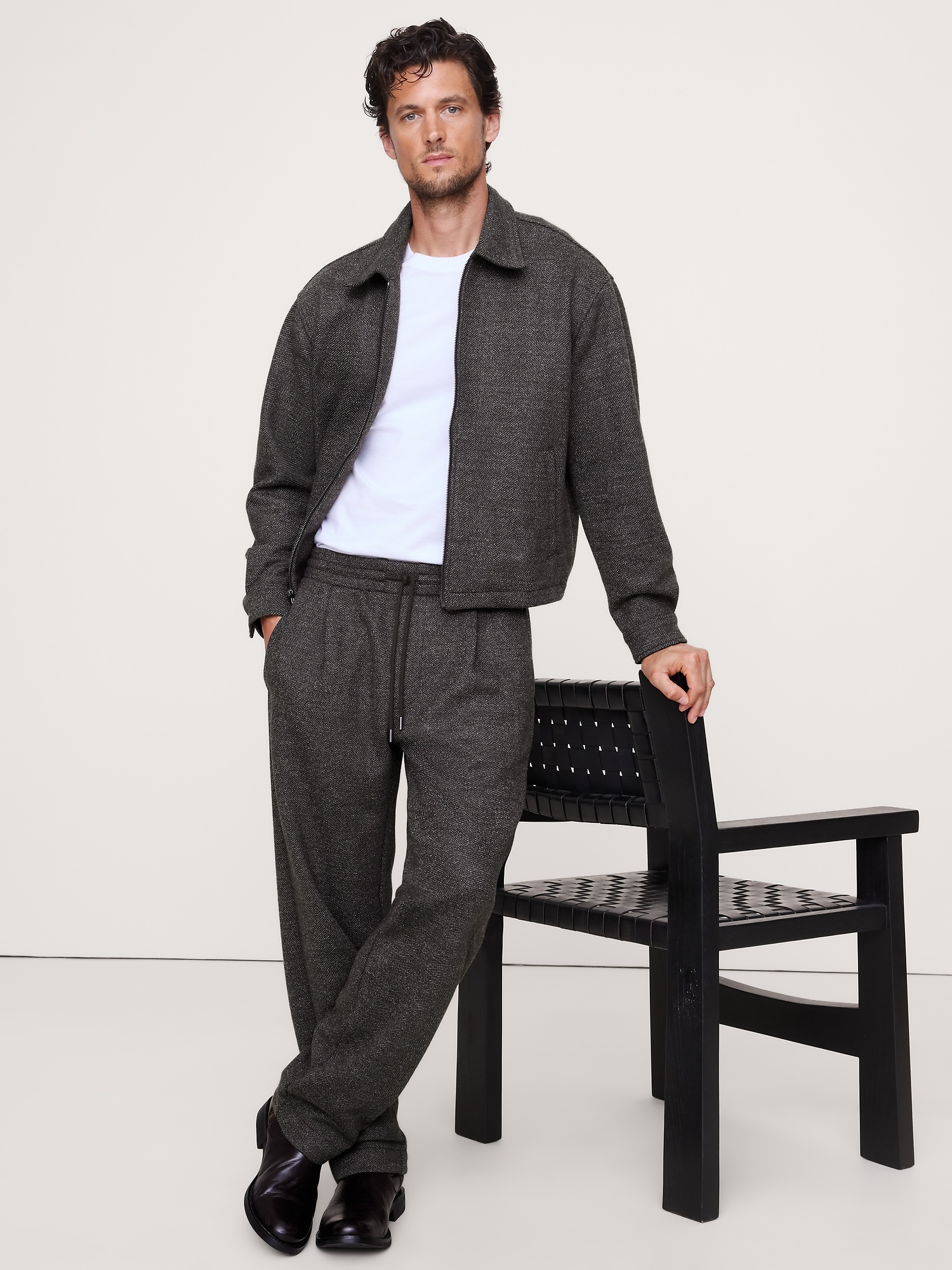 Relaxed Herringbone Pull-On Pant - Brown Herringbone