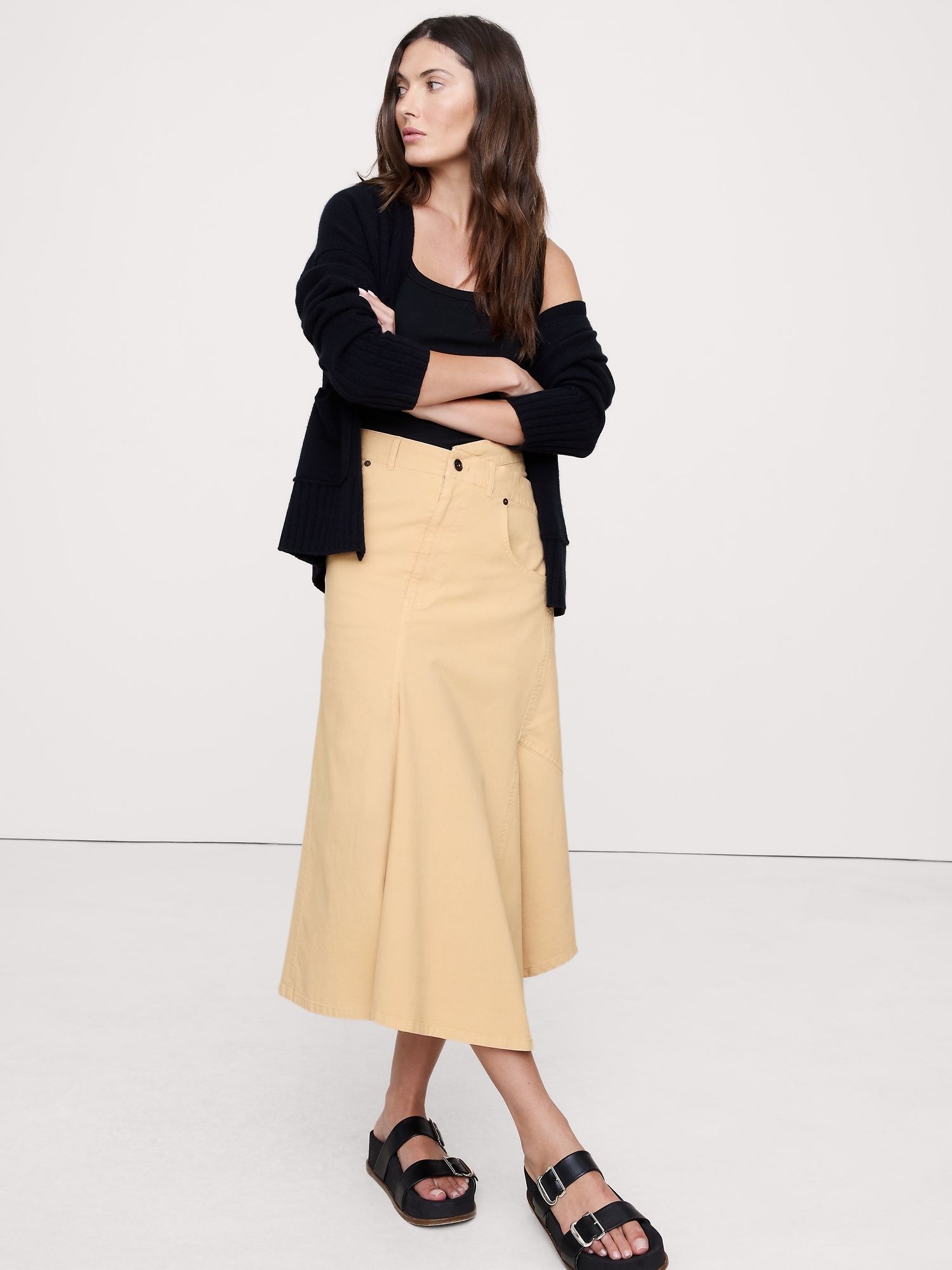 CROSSOVER STRETCH-COTTON LONG-MIDI SKIRT - Cashew Cream
