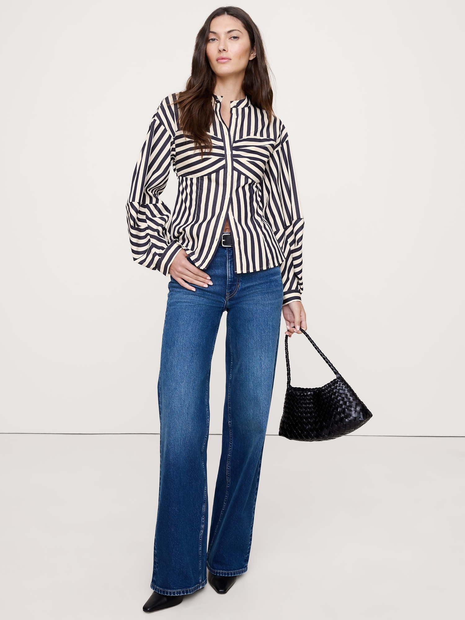 COTTON POPLIN BALLOON-SLEEVE SHIRT - Navy Blue Stripe