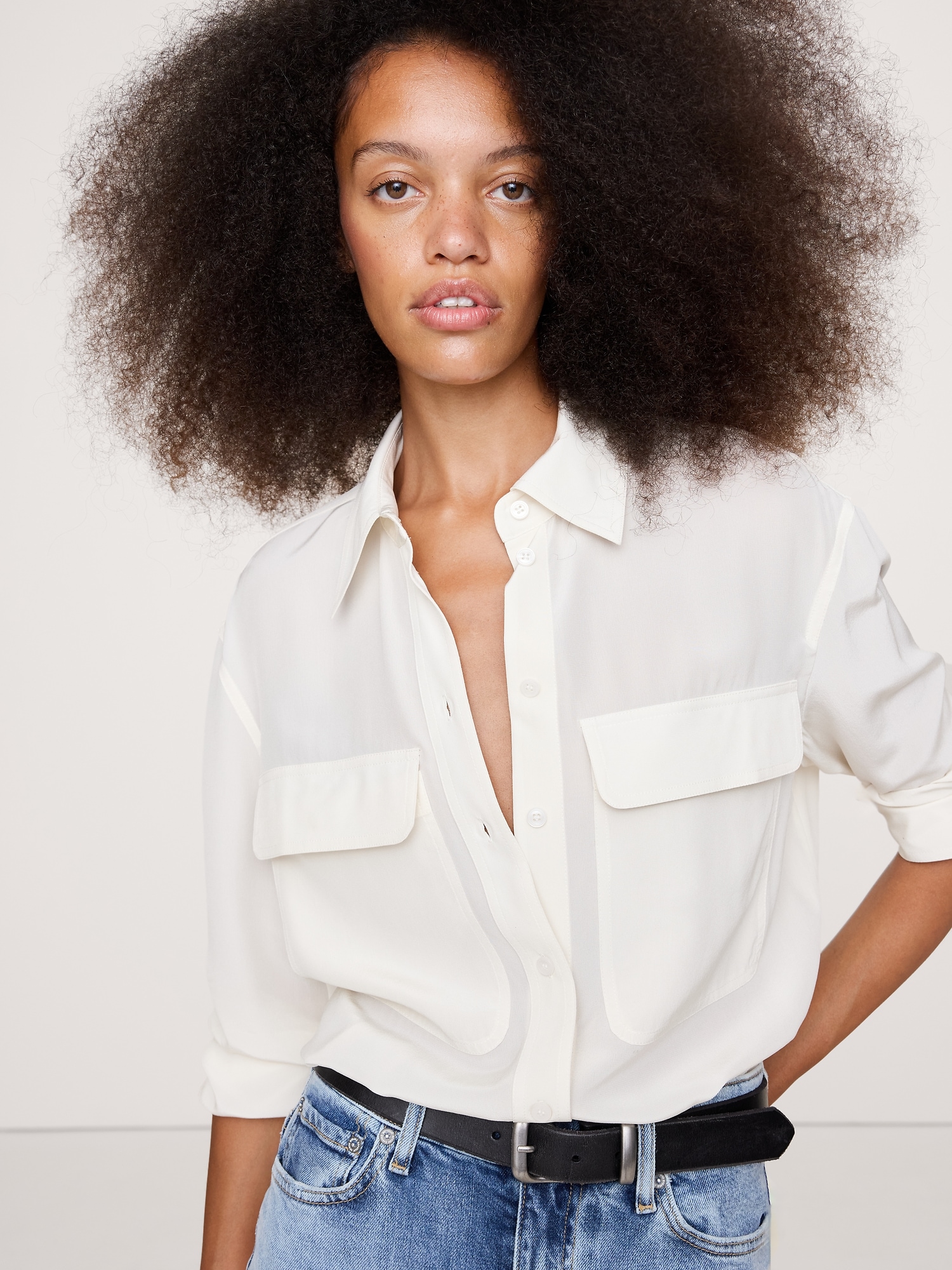 Oversized Matte Silk Utility Shirt - Transition Cream White