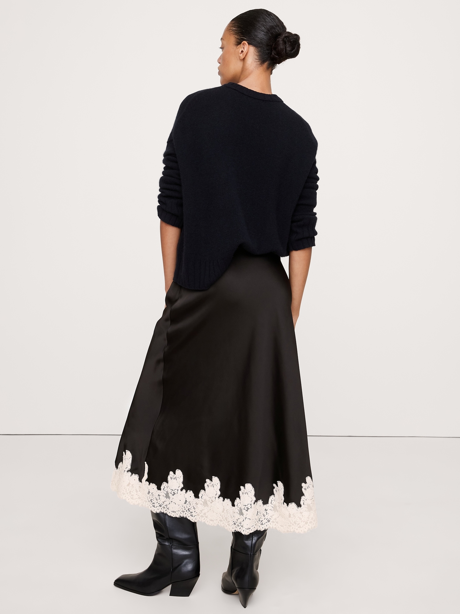 Image number 2 showing, Stretch-Satin Lace-Hem Midi Skirt