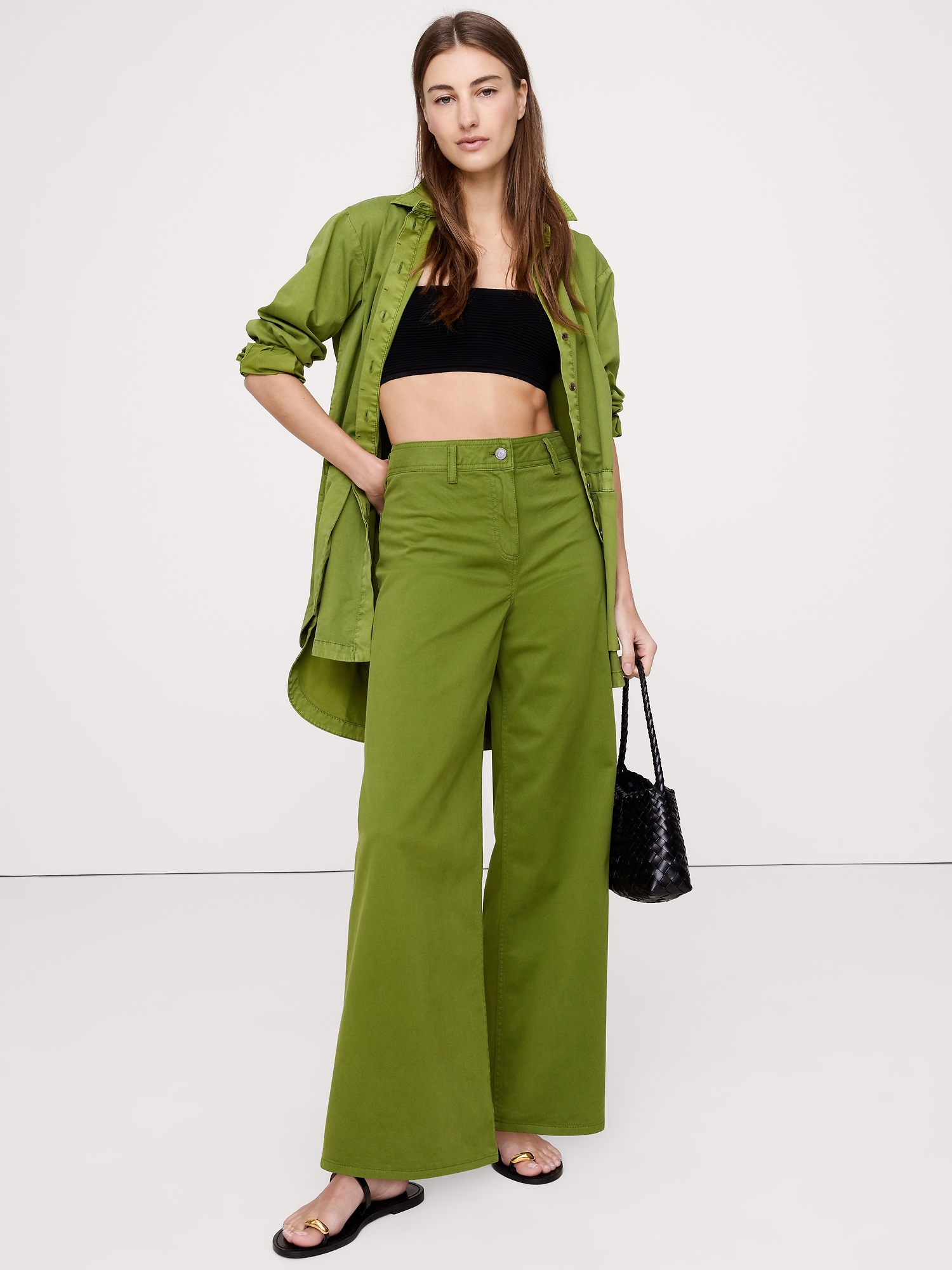 Image number 3 showing, HIGH-RISE WIDE-LEG STRETCH-COTTON TWILL PANT