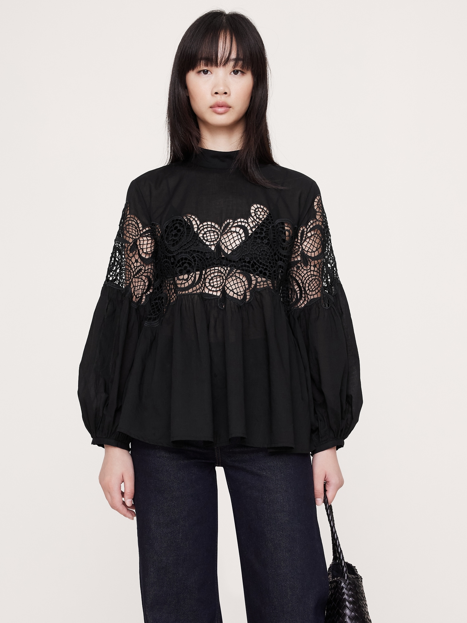 Image number 4 showing, COTTON & LACE MOCK-NECK TOP