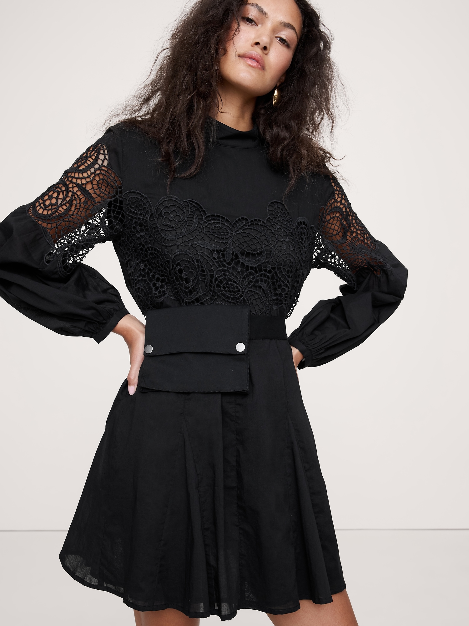 Image number 1 showing, COTTON & LACE MOCK-NECK DRESS WITH REMOVABLE BELT BAG