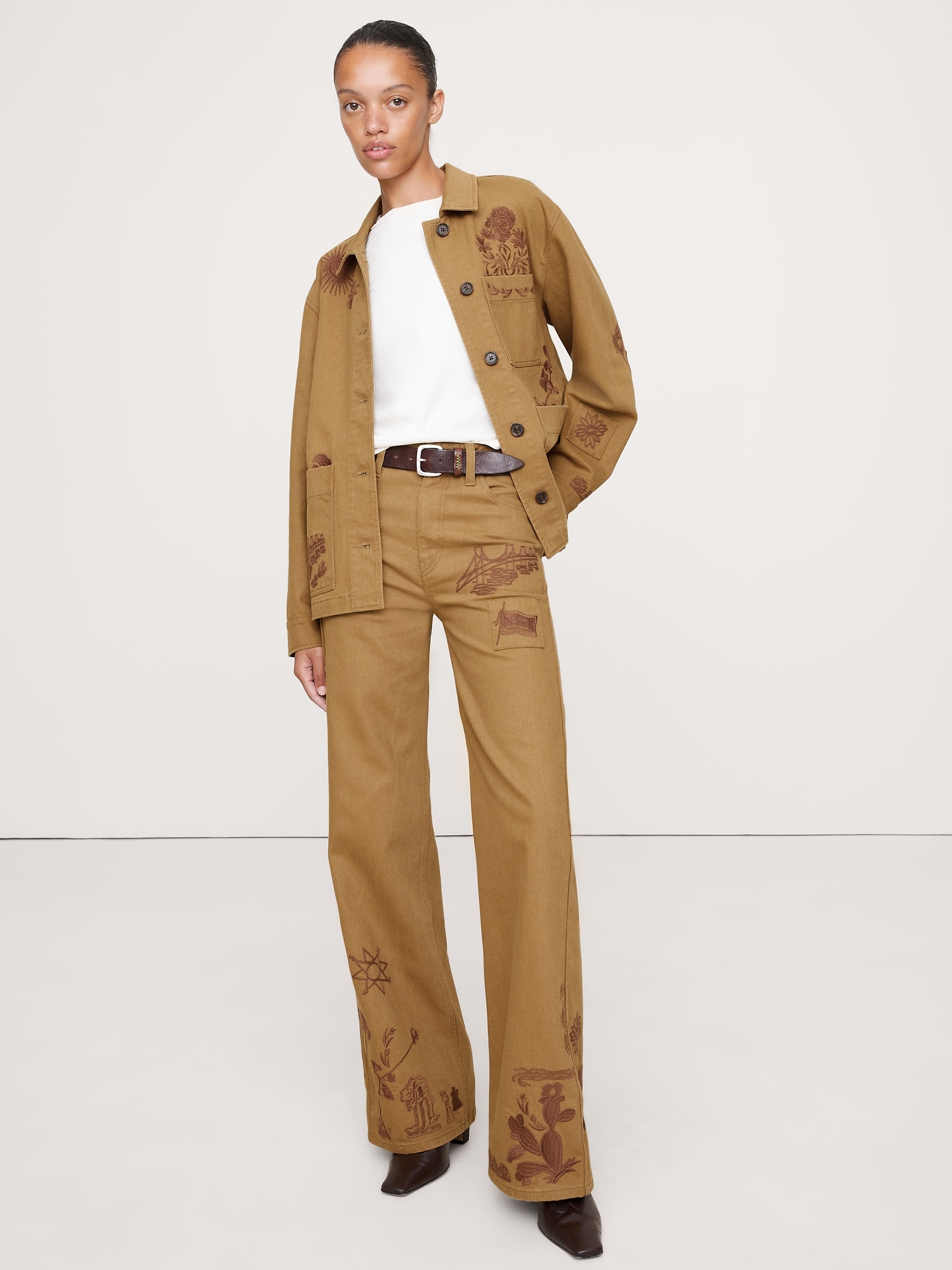 Image number 7 showing, High-Rise Embroidered Cotton Canvas Relaxed-Straight Pant