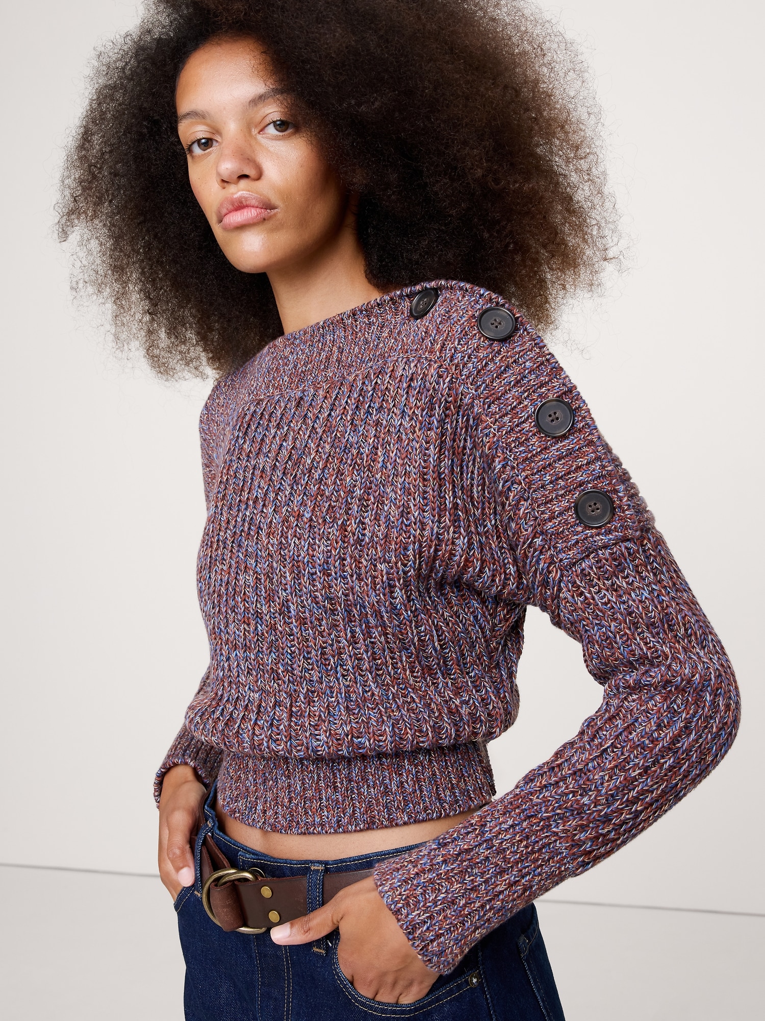 Image number 1 showing, Cotton Button-Shoulder Sweater