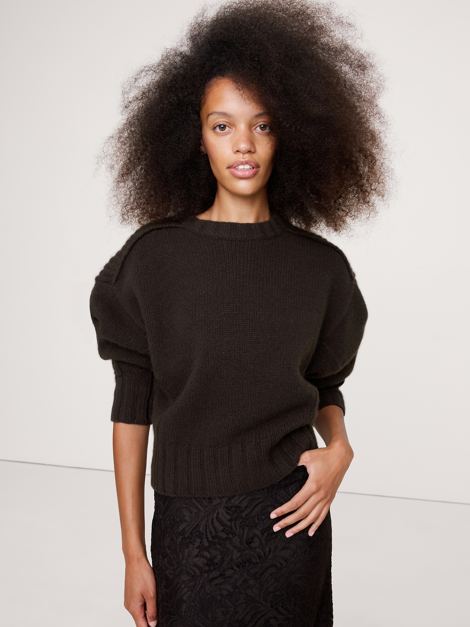 Merino-Cashmere Ribbed-Panel Sweater - Ganache Brown