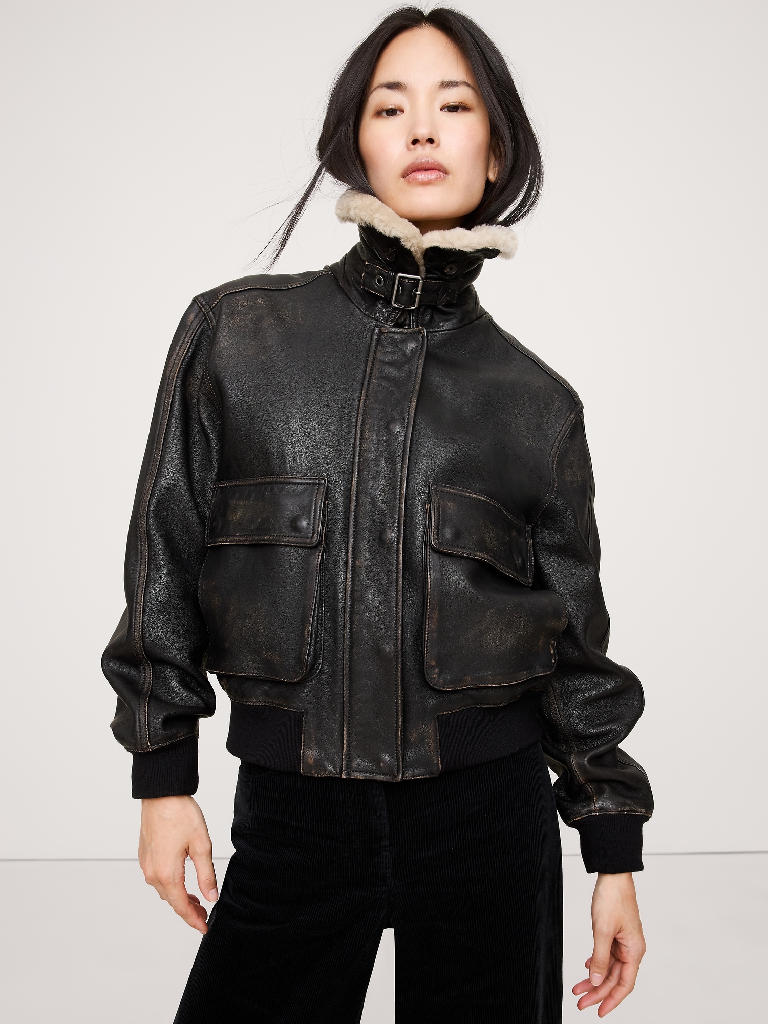 Image number 1 showing, Oversized Distressed Leather Flight Jacket