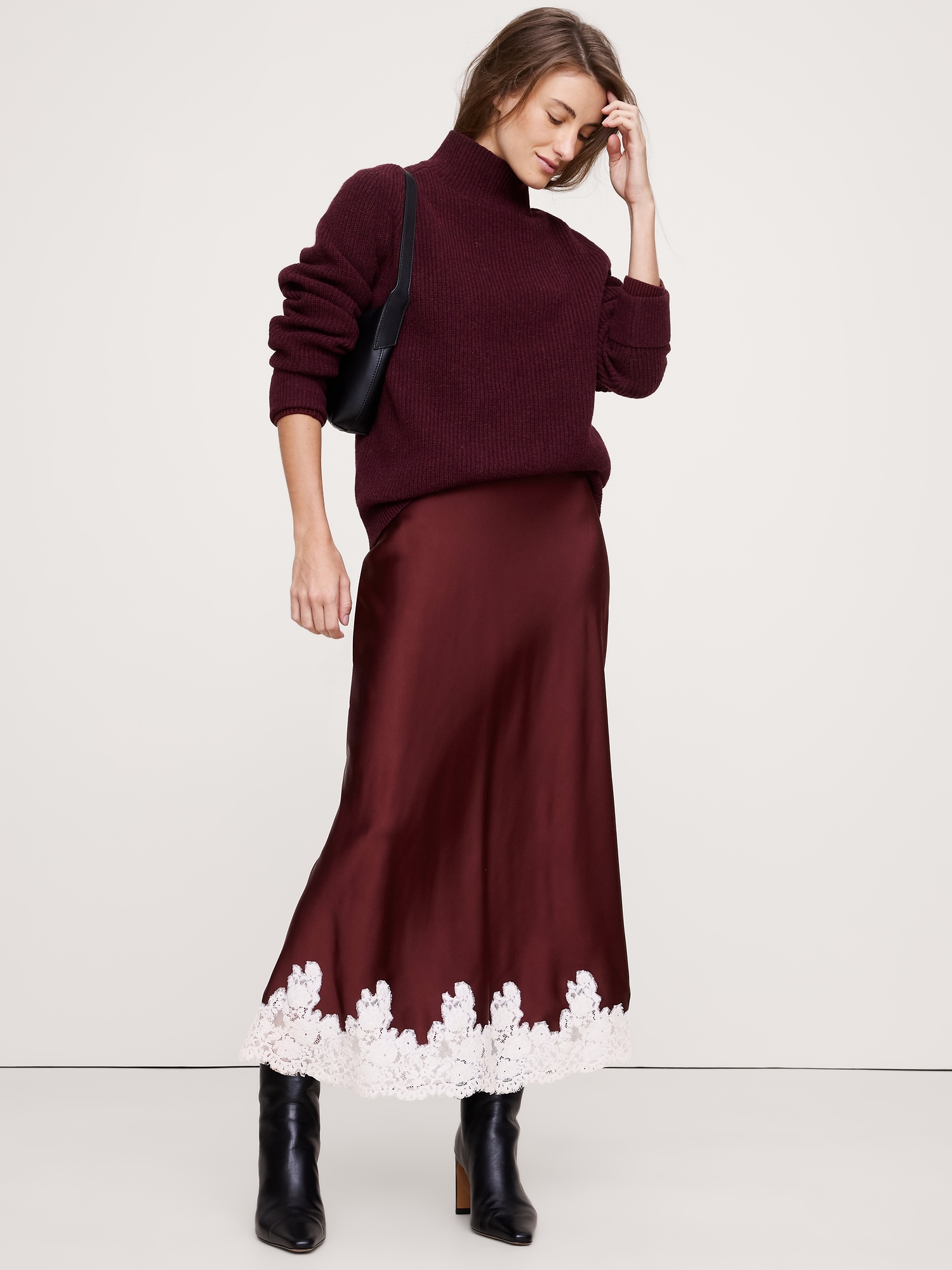 Image number 1 showing, Stretch-Satin Lace-Hem Midi Skirt